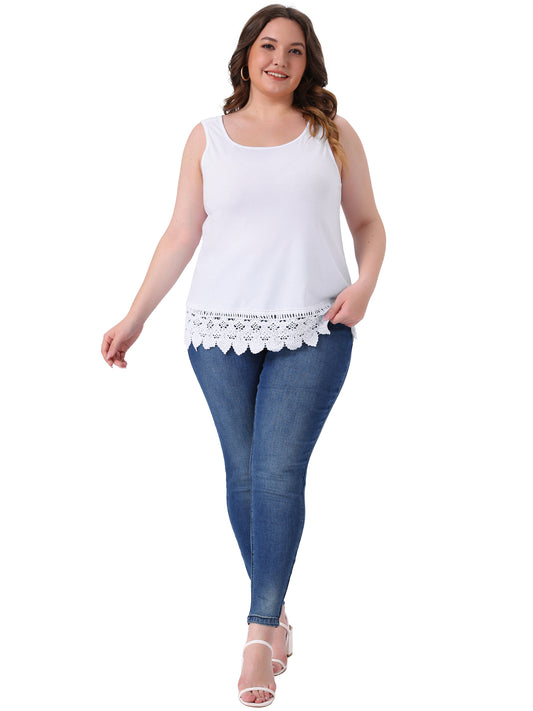 Women Plus Size Tops Round Neck Sleeveless Swing Lace Panel Flowy Tee Tops Summer