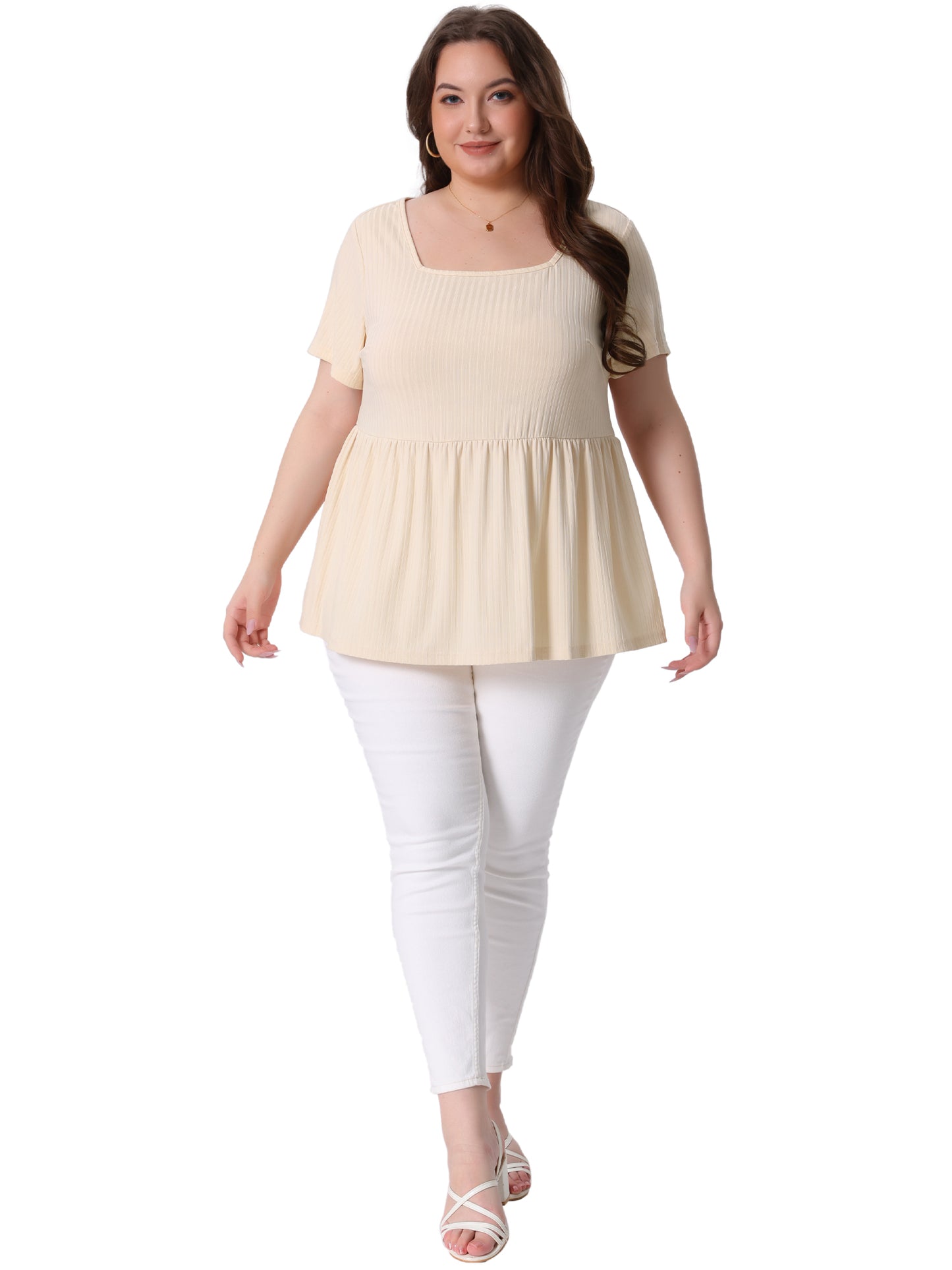 Women's Plus Size Tee Shirts Square Neck Textured Printed Peplum Summer Short Sleeve Top