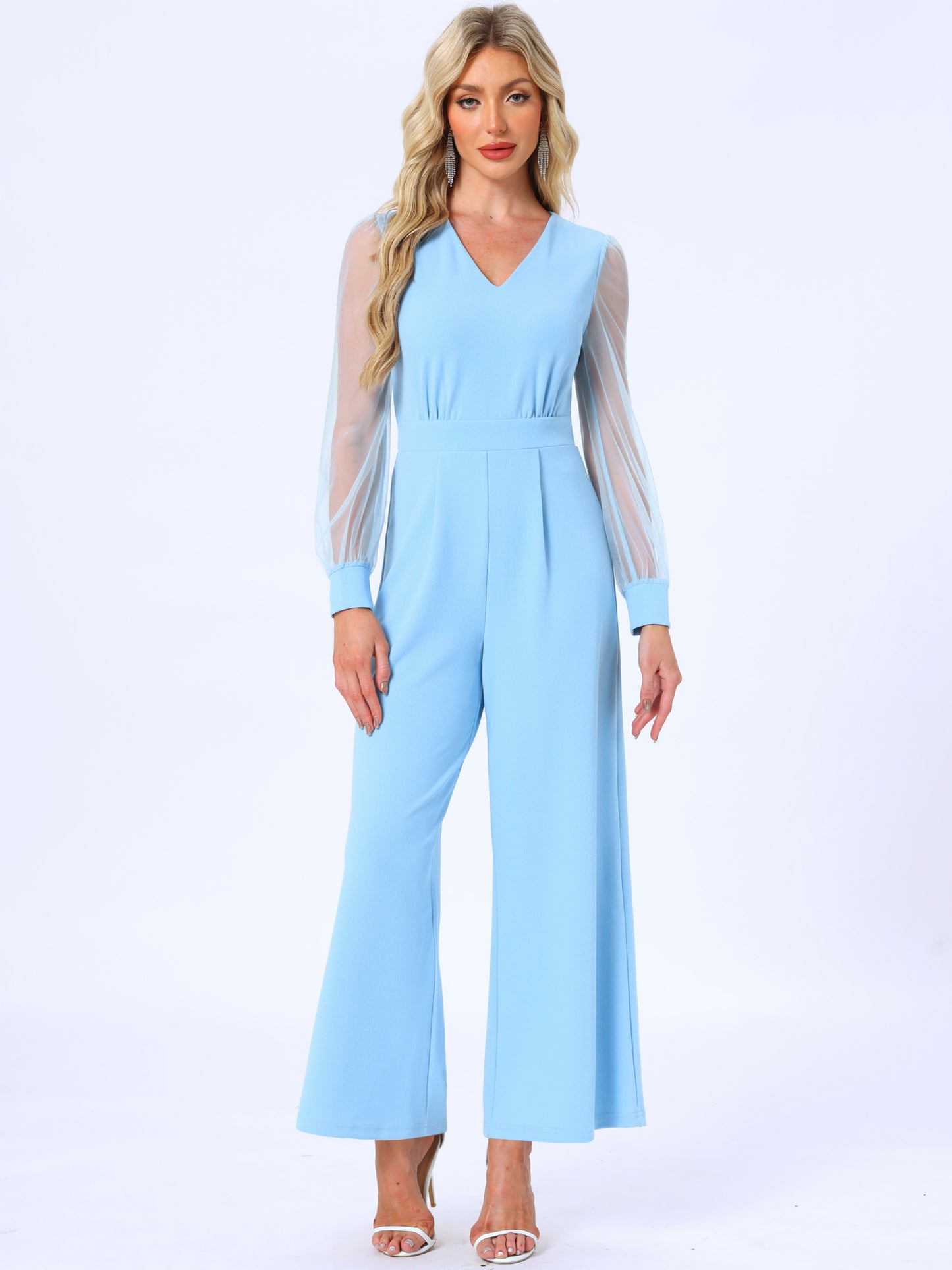Women's Elegant V Neck Mesh Long Sleeve Loose Wide Leg Romper Cocktail Jumpsuits (Available in Plus Size)
