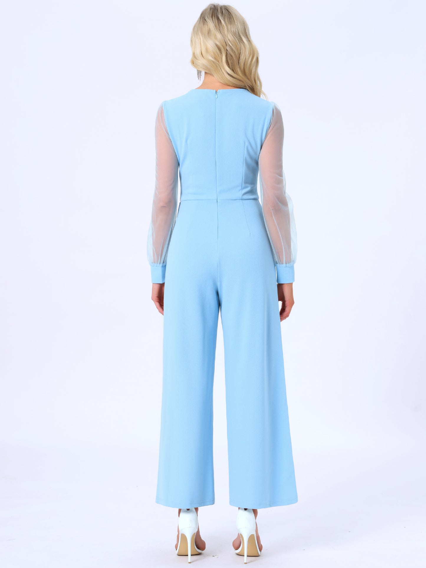 Women's Elegant V Neck Mesh Long Sleeve Loose Wide Leg Romper Cocktail Jumpsuits (Available in Plus Size)