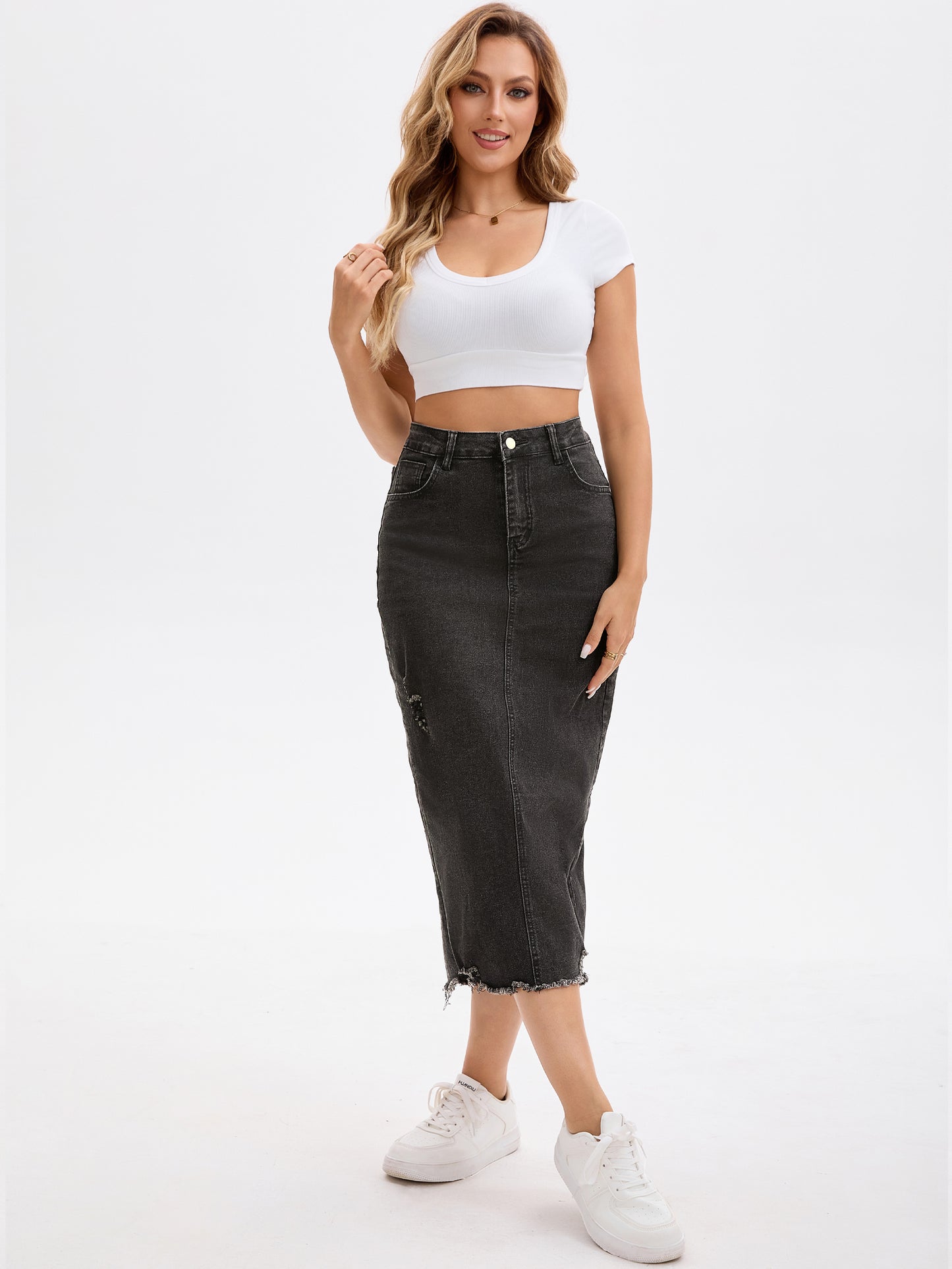 Women's Ripped Raw Hem High Waisted Stretch Midi Denim Skirt
