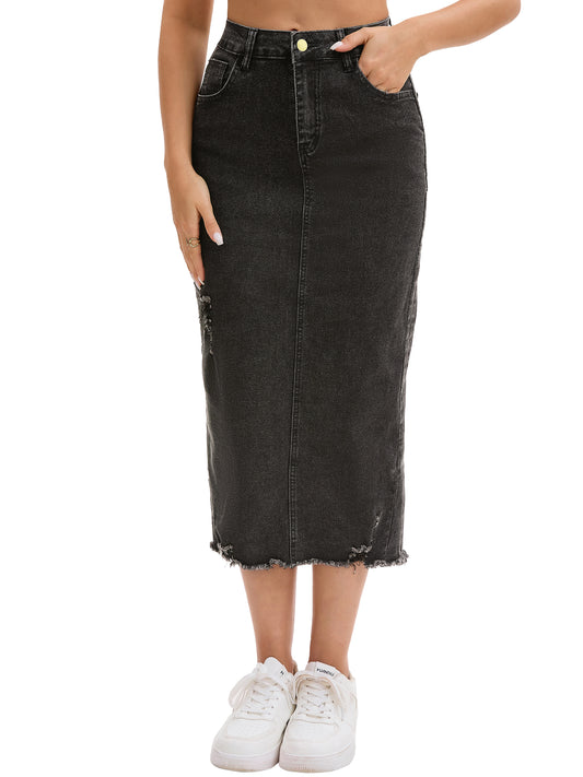 Women's Ripped Raw Hem High Waisted Stretch Midi Denim Skirt