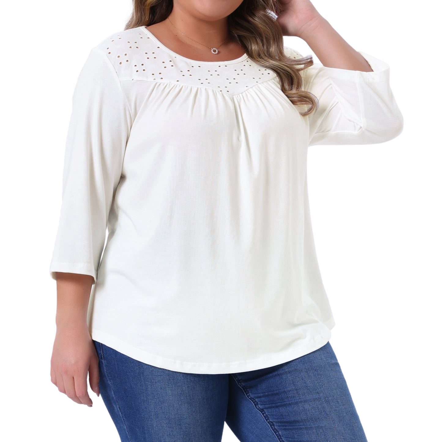 Women Plus Size 3/4 Sleeve Crochet Lace Detail Blouse Top Flowy Casual Tunic