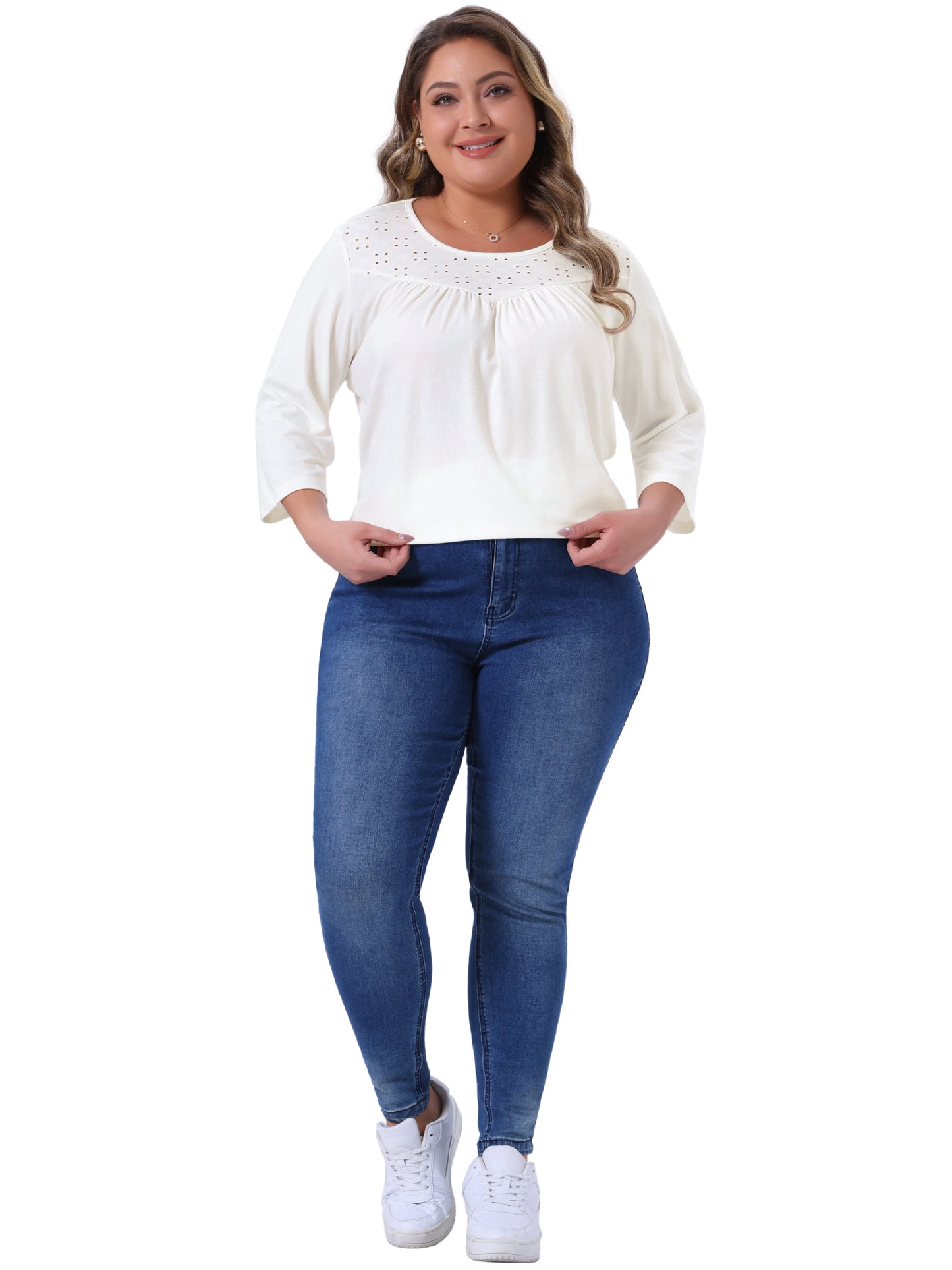 Women Plus Size 3/4 Sleeve Crochet Lace Detail Blouse Top Flowy Casual Tunic