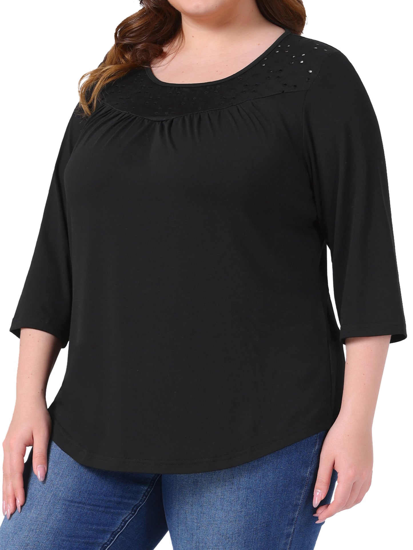 Women Plus Size 3/4 Sleeve Crochet Lace Detail Blouse Top Flowy Casual Tunic