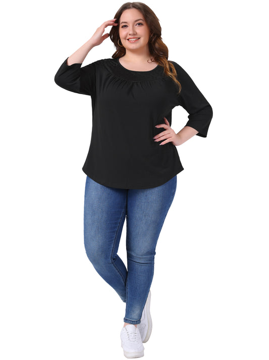 Women Plus Size 3/4 Sleeve Crochet Lace Detail Blouse Top Flowy Casual Tunic