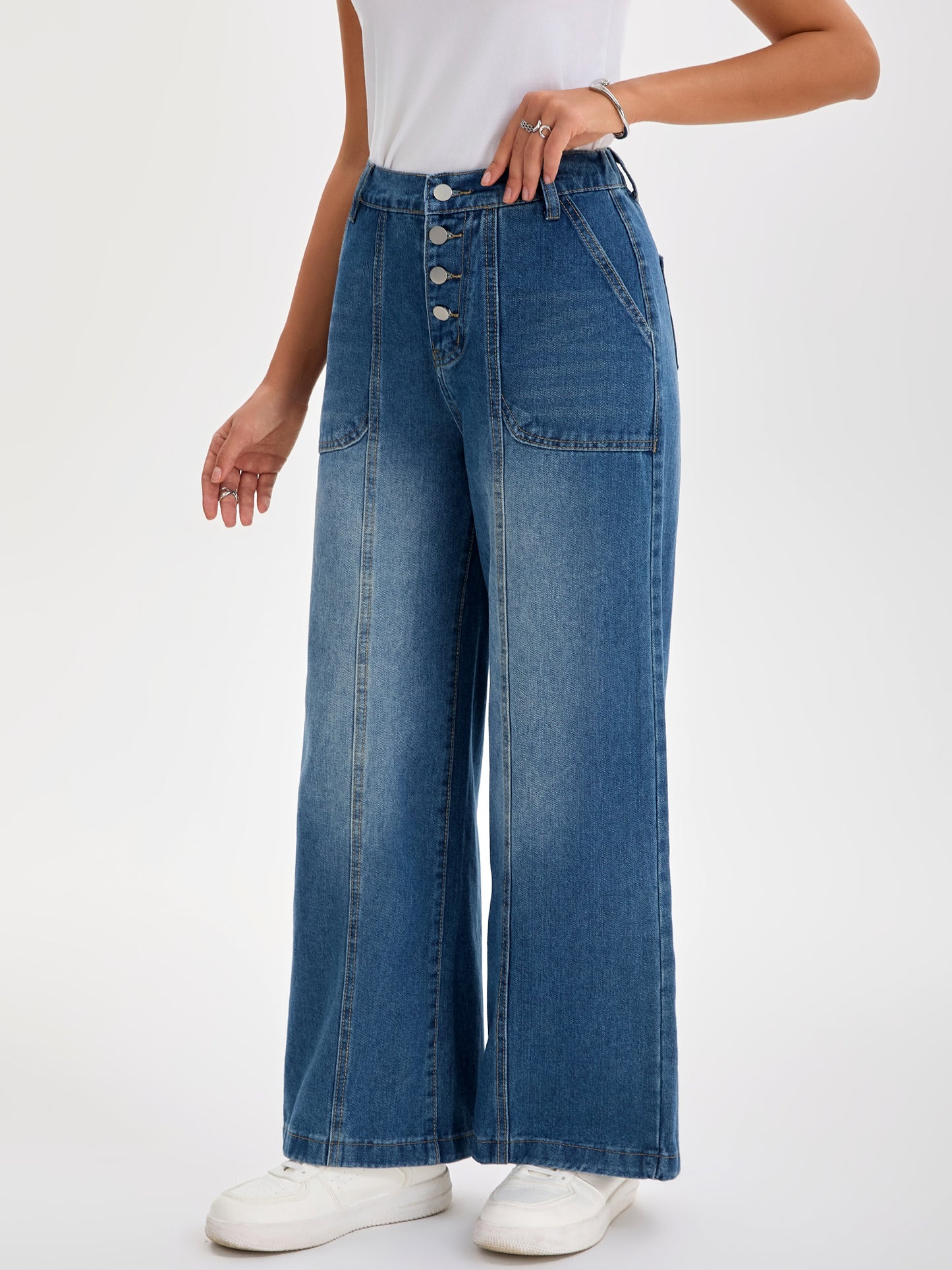 Women's Jeans High Waisted Button Front Stretchy Straight Loose Casual Denim Wide Leg Pants