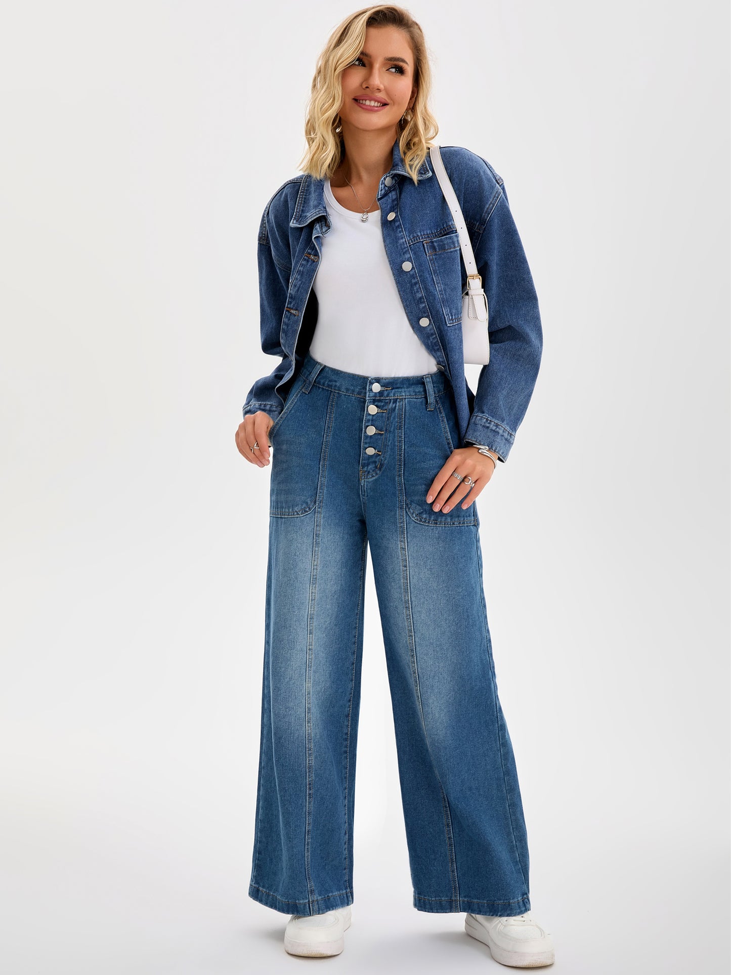 Women's Jeans High Waisted Button Front Stretchy Straight Loose Casual Denim Wide Leg Pants