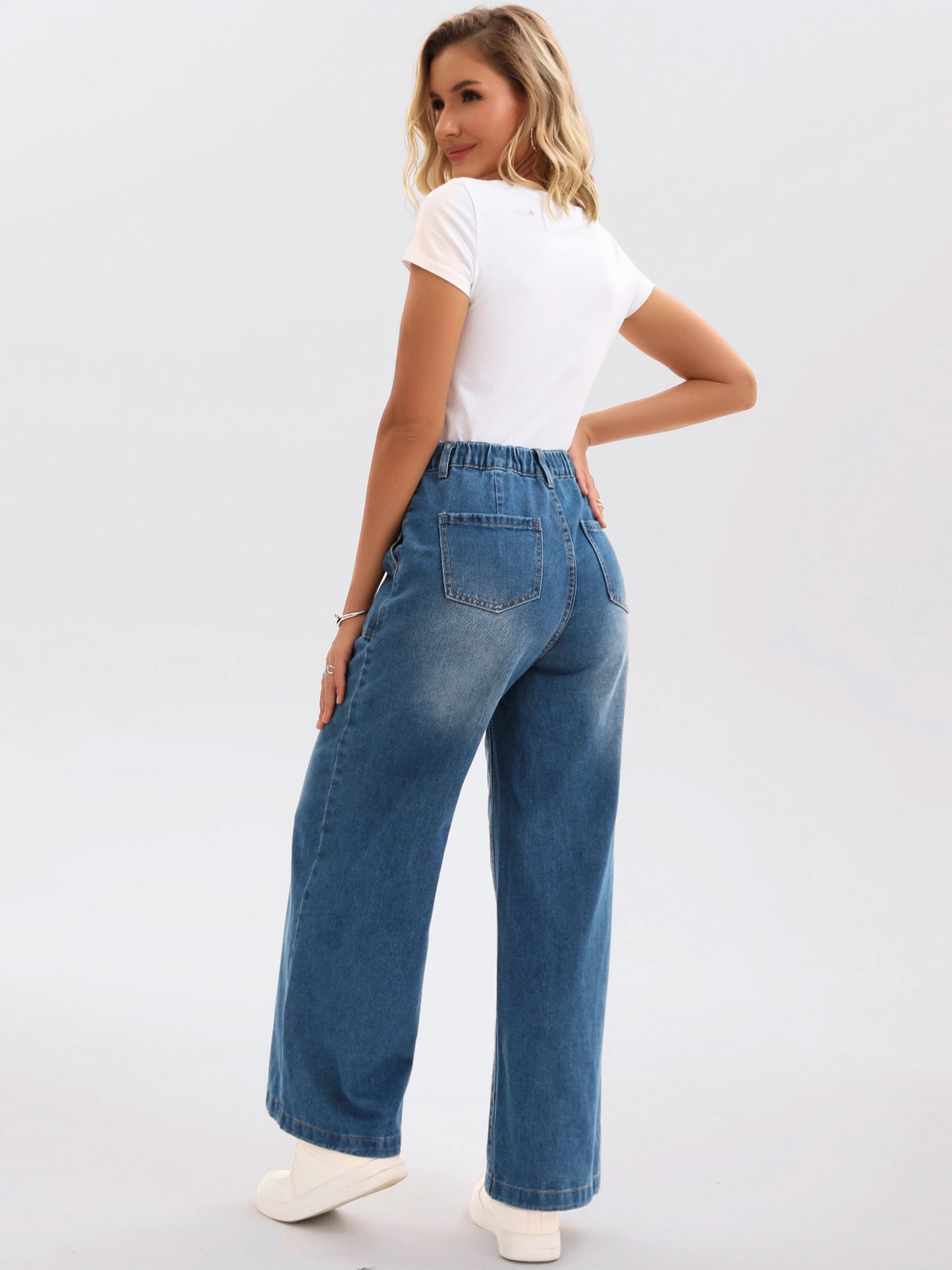 Women's Jeans High Waisted Button Front Stretchy Straight Loose Casual Denim Wide Leg Pants