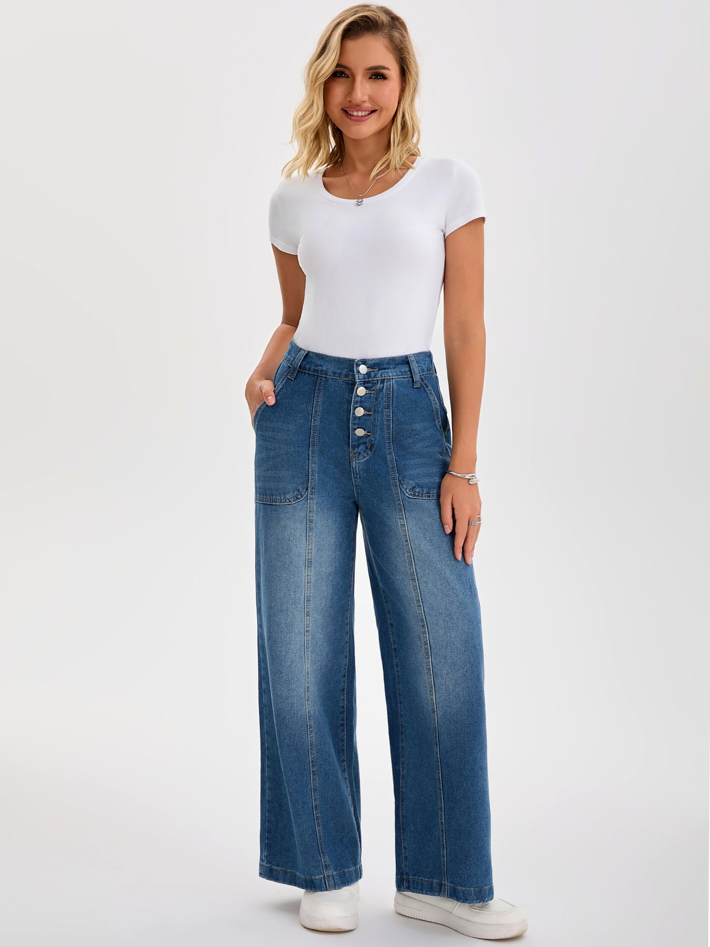 Women's Jeans High Waisted Button Front Stretchy Straight Loose Casual Denim Wide Leg Pants
