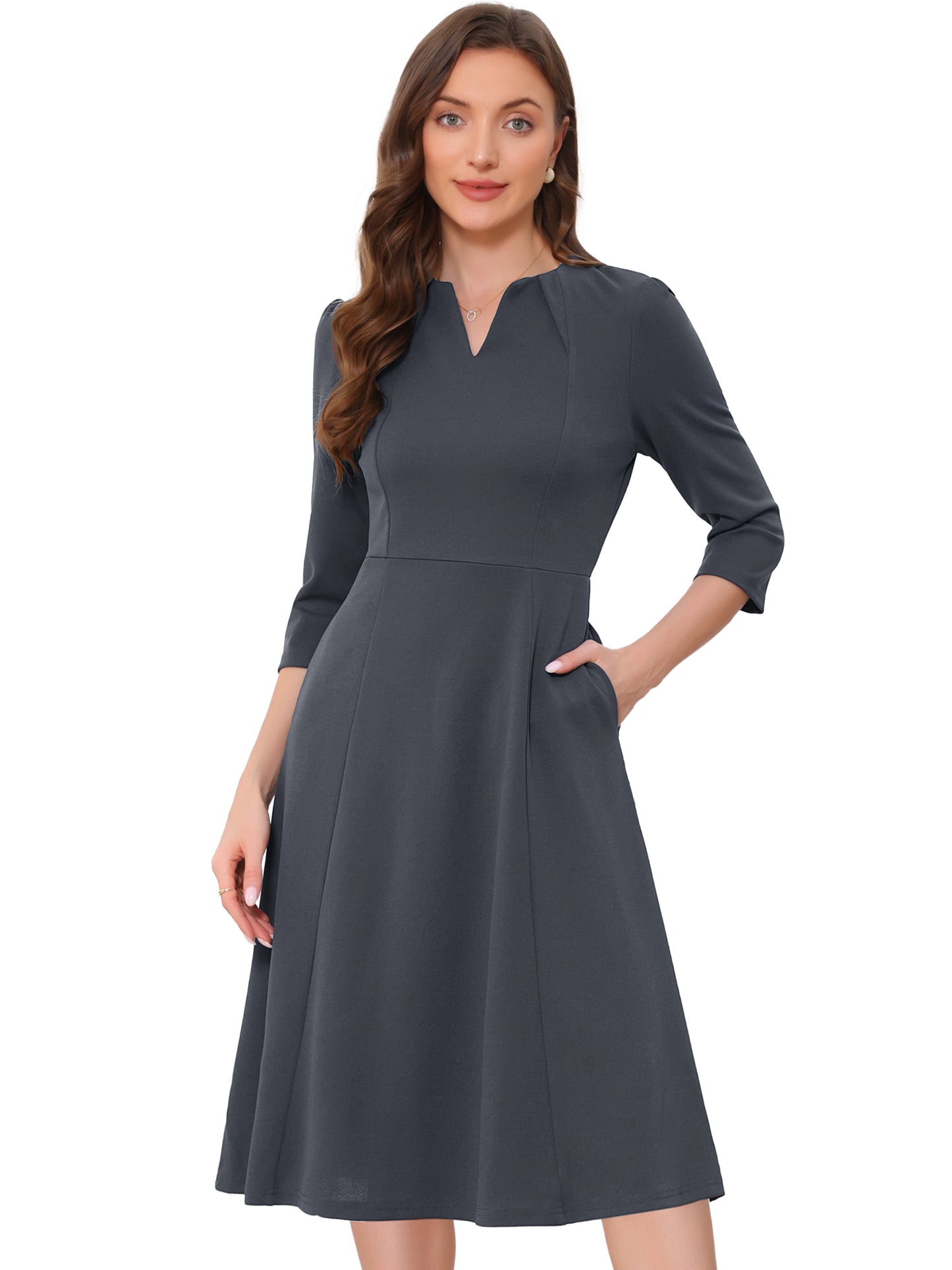Women's 3/4 Sleeve Dresses V Neck Pockets Elegant Work Business Spring Fall A-Line Midi Dress (Available in Plus Size)
