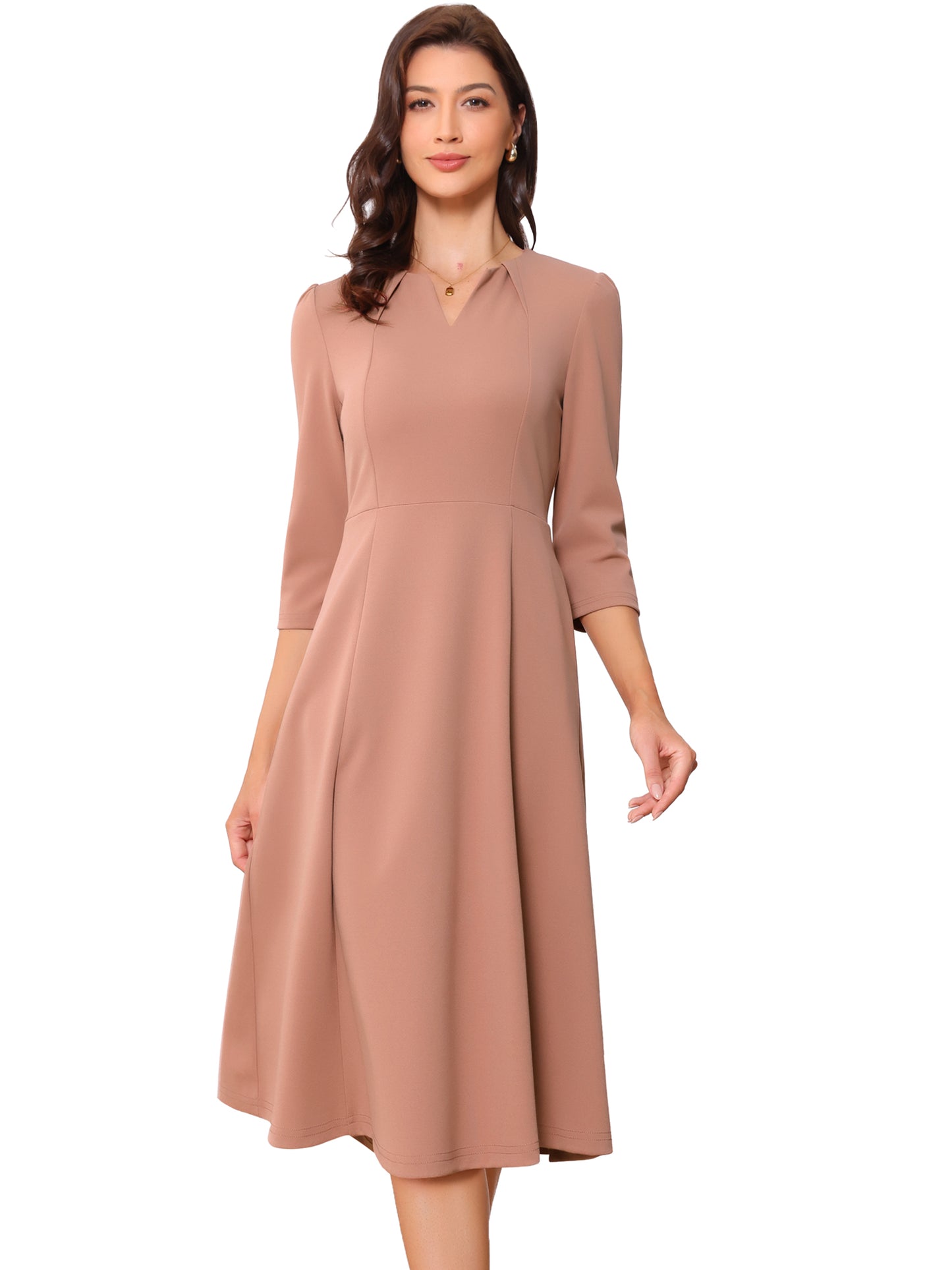Women's 3/4 Sleeve Dresses V Neck Pockets Elegant Work Business Spring Fall A-Line Midi Dress (Available in Plus Size)