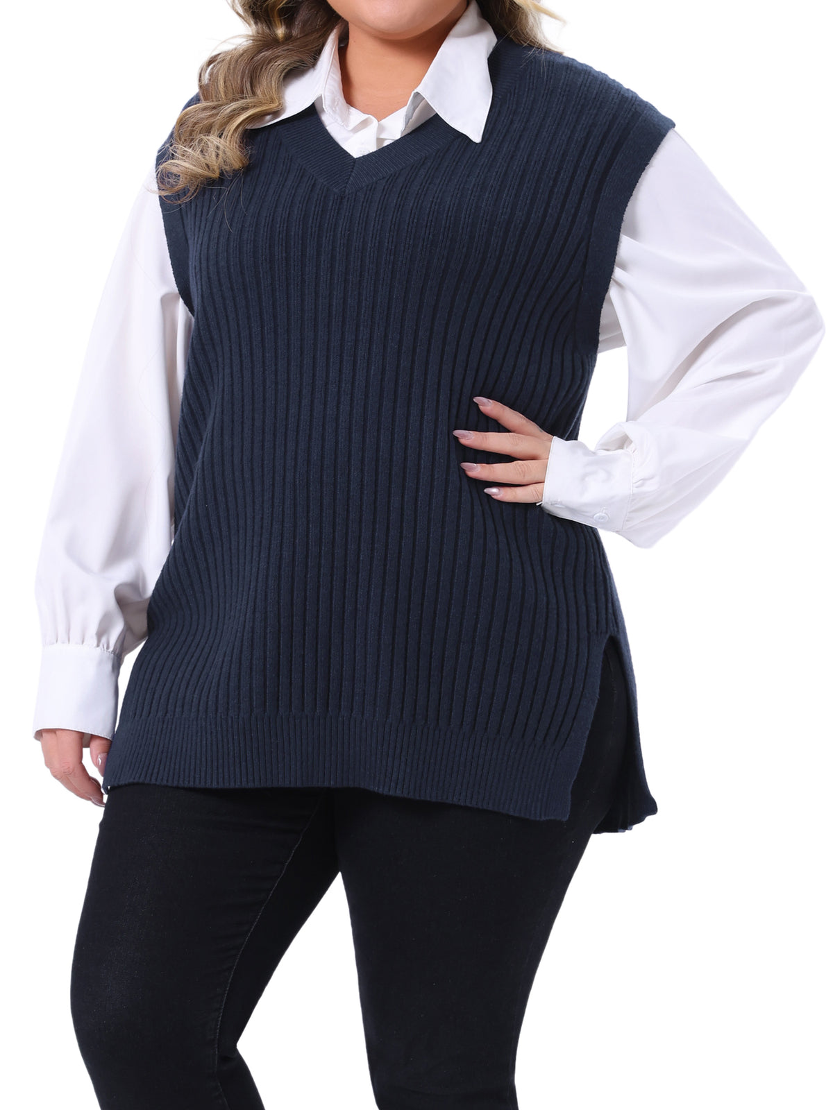 Women Plus Size V Neck Sleeveless Pullover Split Hem Knit Vest Classic Sweater Top