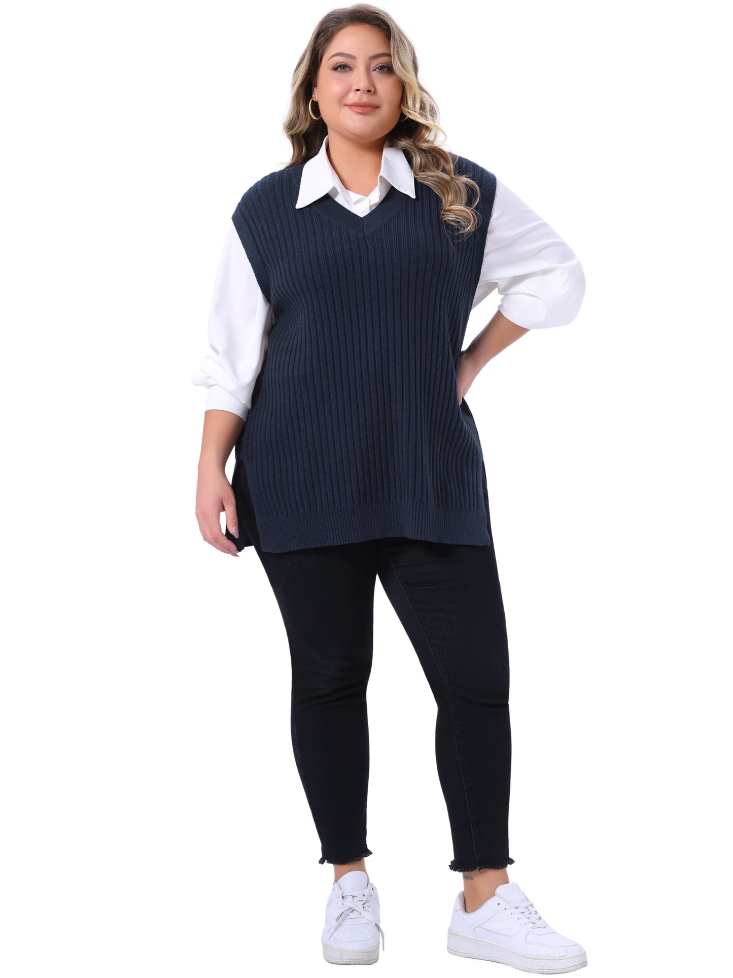 Women Plus Size V Neck Sleeveless Pullover Split Hem Knit Vest Classic Sweater Top