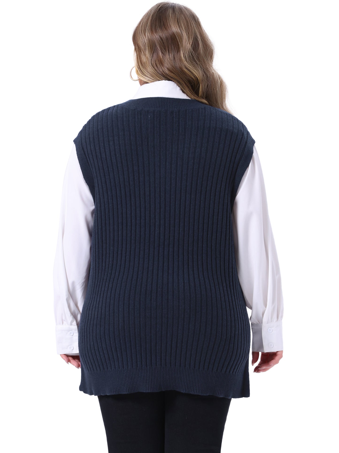 Women Plus Size V Neck Sleeveless Pullover Split Hem Knit Vest Classic Sweater Top