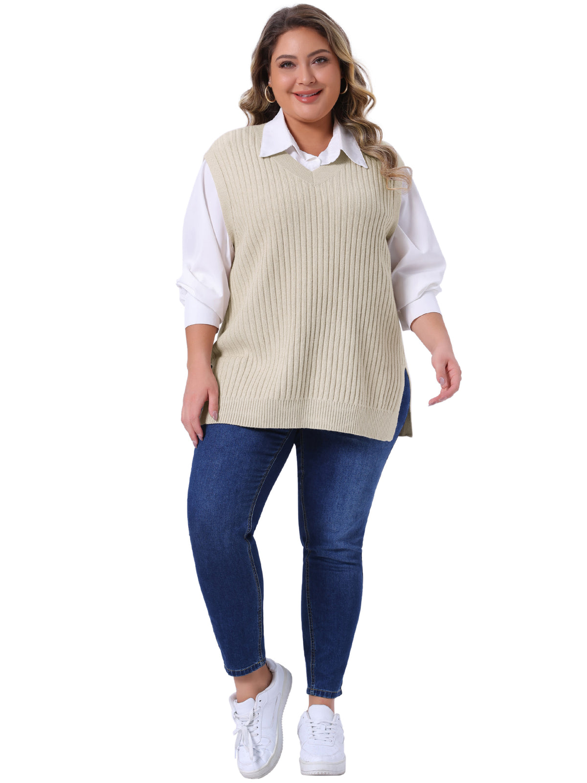 Women Plus Size V Neck Sleeveless Pullover Split Hem Knit Vest Classic Sweater Top