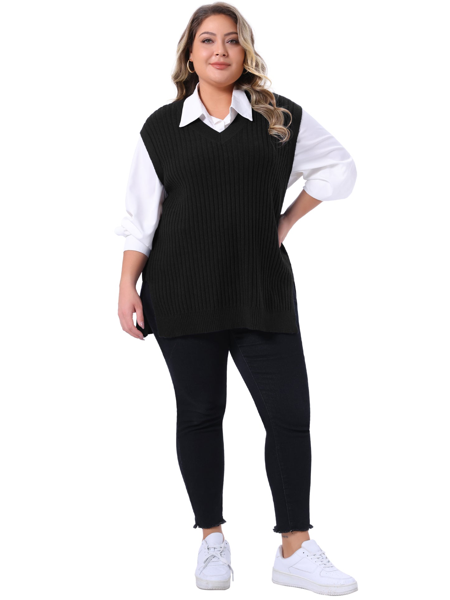 Women Plus Size V Neck Sleeveless Pullover Split Hem Knit Vest Classic Sweater Top