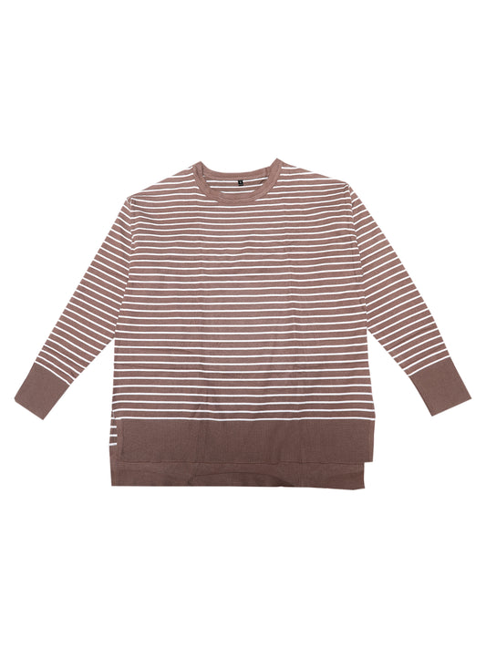 Women's Striped Sweater Side Slits Knit Crew Neck Oversized Pullover Tops