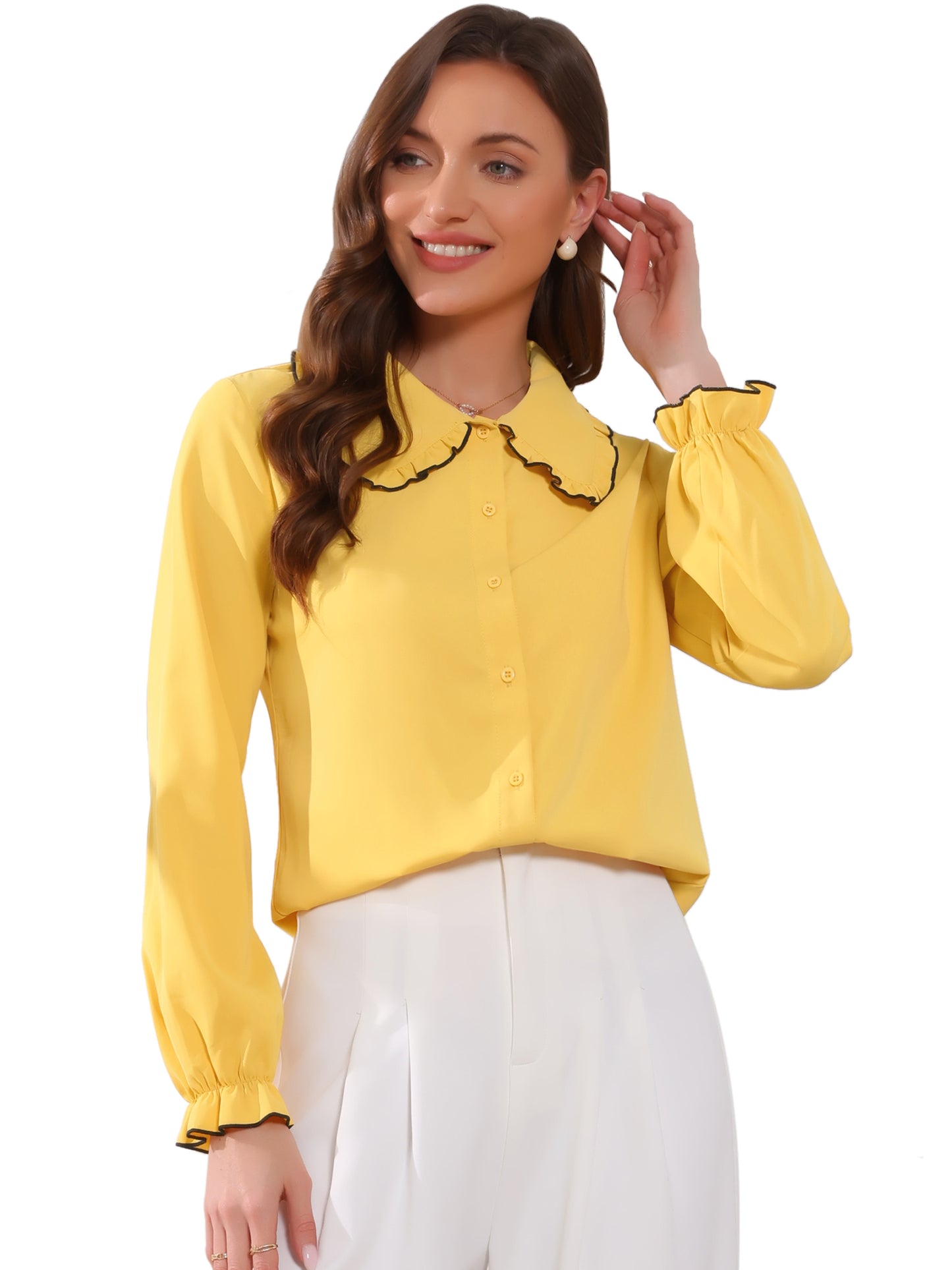 Women's Long Sleeve Sweet Ruffle Peter Pan Collar Button Down Shirt (Available in Plus Size)