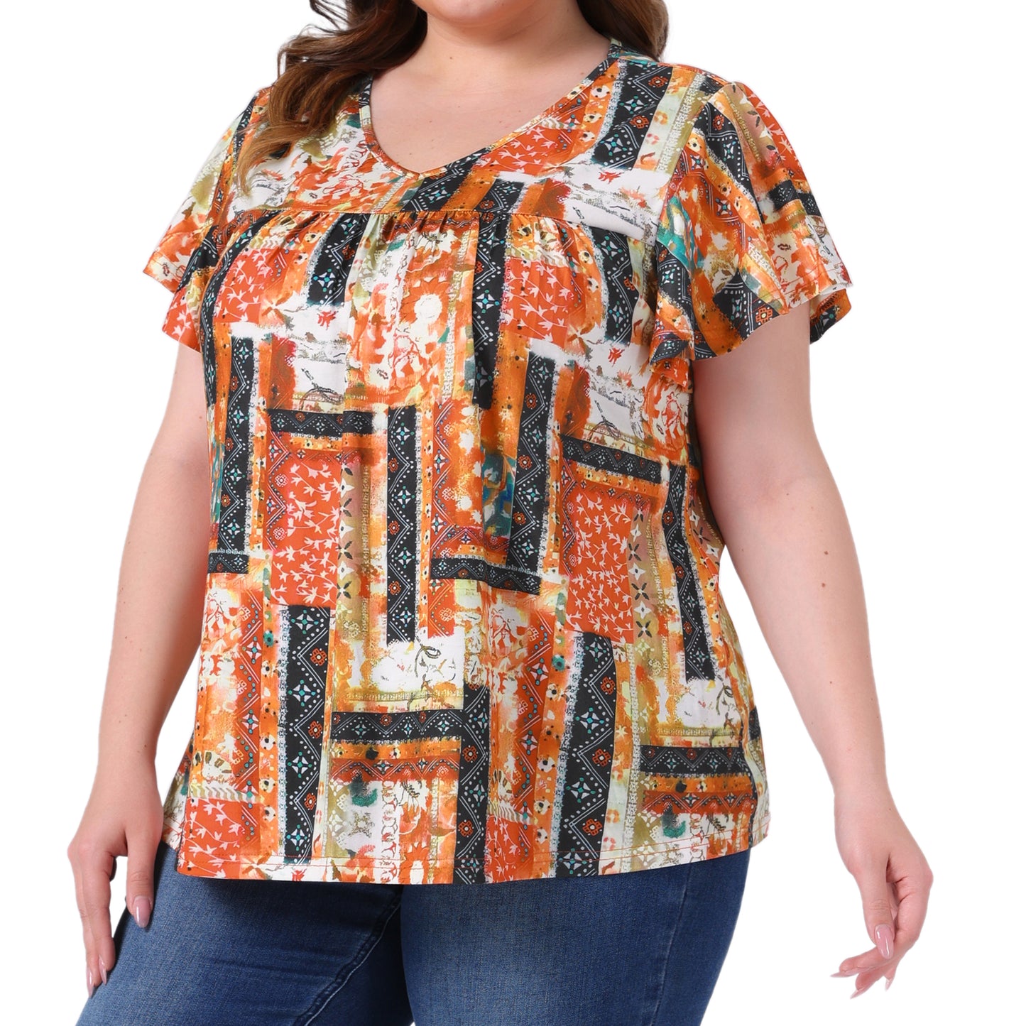 Women's Plus Size V Neck Ruffle Short Sleeve Tops Summer Blouse