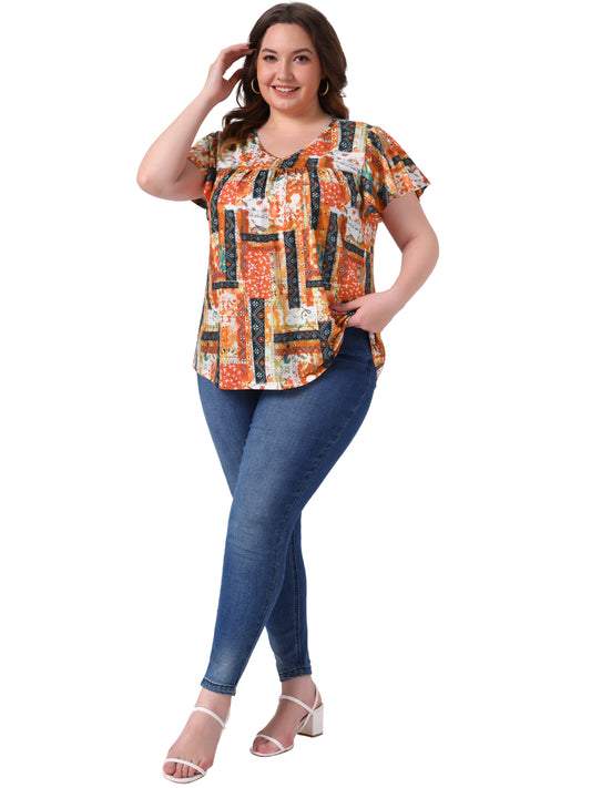 Women's Plus Size V Neck Ruffle Short Sleeve Tops Summer Blouse
