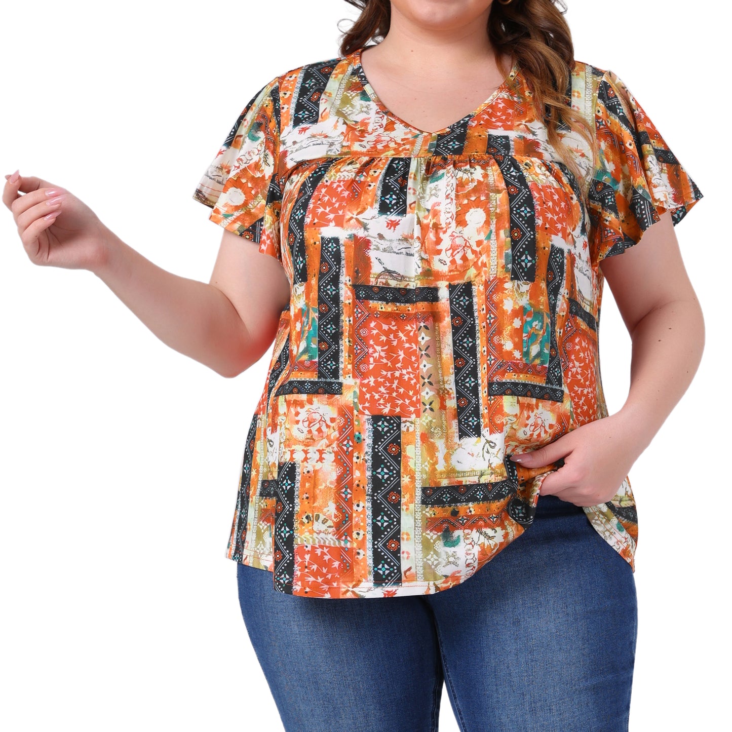 Women's Plus Size V Neck Ruffle Short Sleeve Tops Summer Blouse