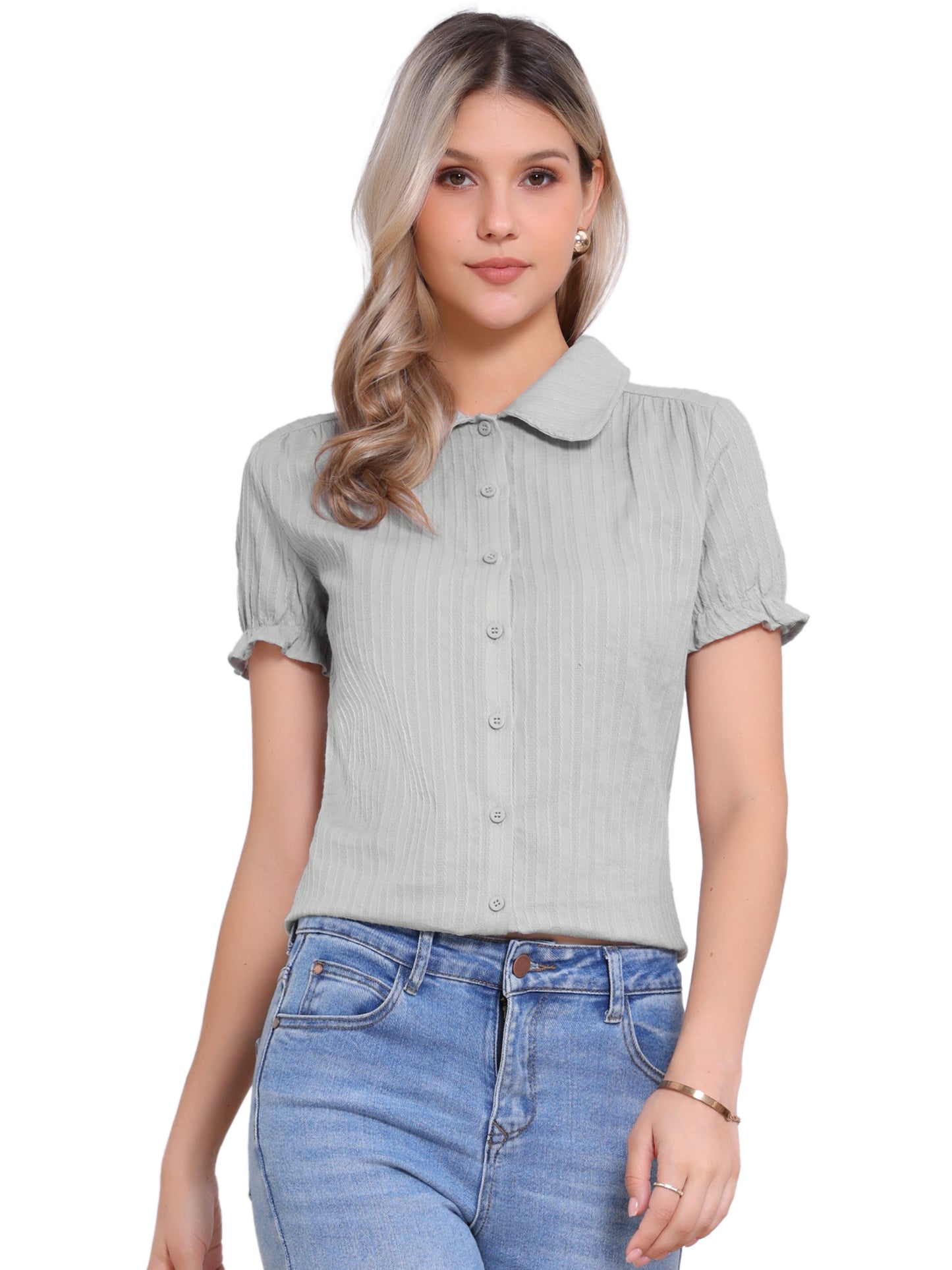 Women's Peter Pan Collar Shirt 1950s Vintage Cotton Button Down Blouse