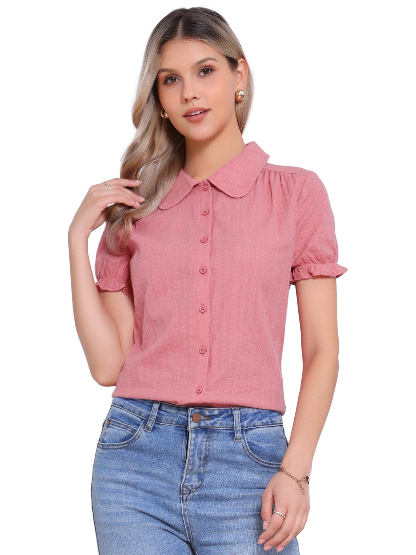 Women's Peter Pan Collar Shirt 1950s Vintage Cotton Button Down Blouse