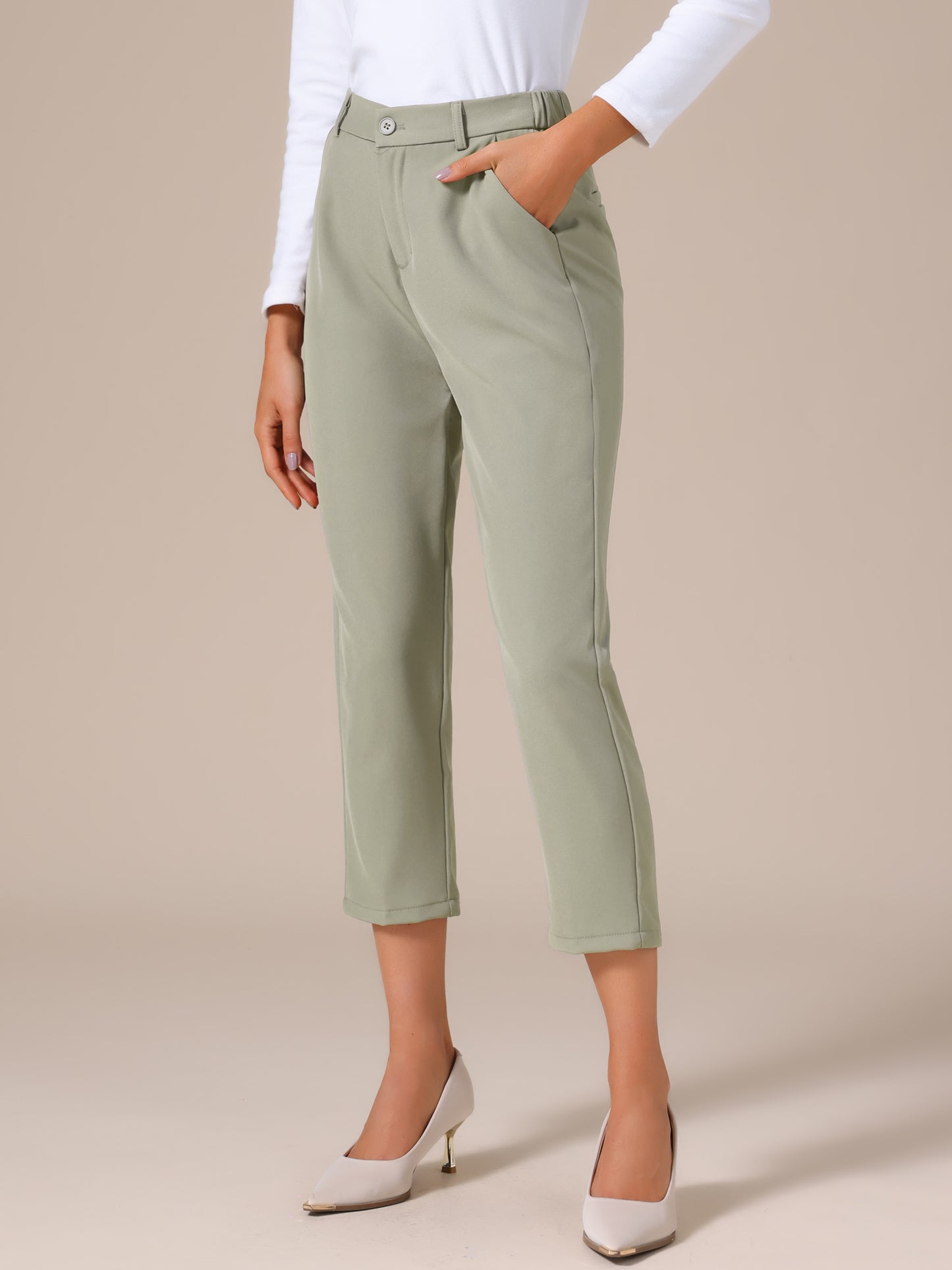 Women's Business Casual Pants Cropped Length Work Office Trousers with Pockets
