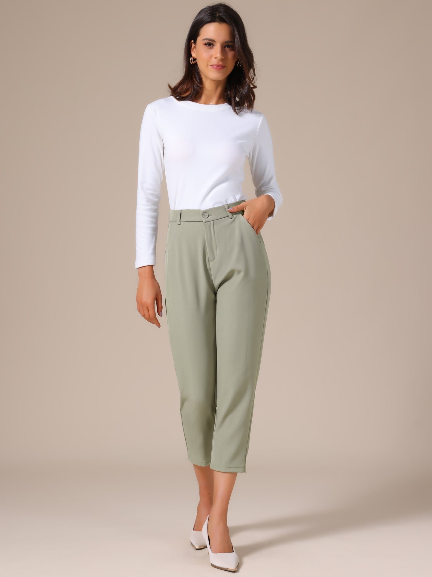 Women's Business Casual Pants Cropped Length Work Office Trousers with Pockets