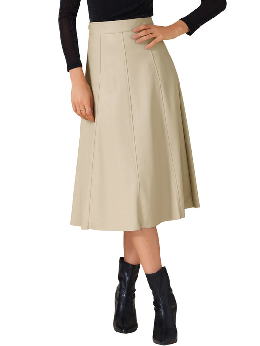 Women's High Waist A Line Faux PU Leather Midi Skirt