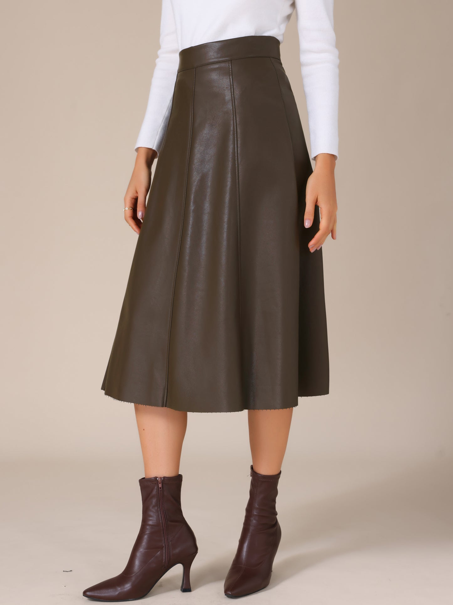 Women's High Waist A Line Faux PU Leather Midi Skirt