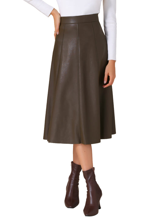 Women's High Waist A Line Faux PU Leather Midi Skirt