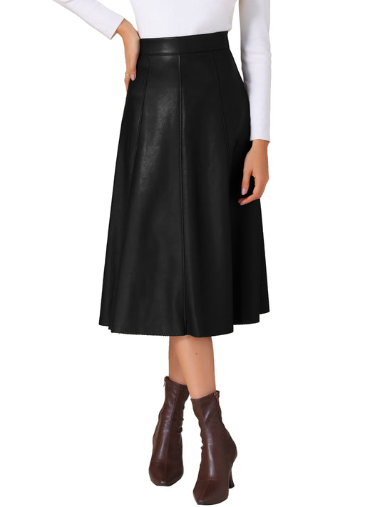 Women's High Waist A Line Faux PU Leather Midi Skirt