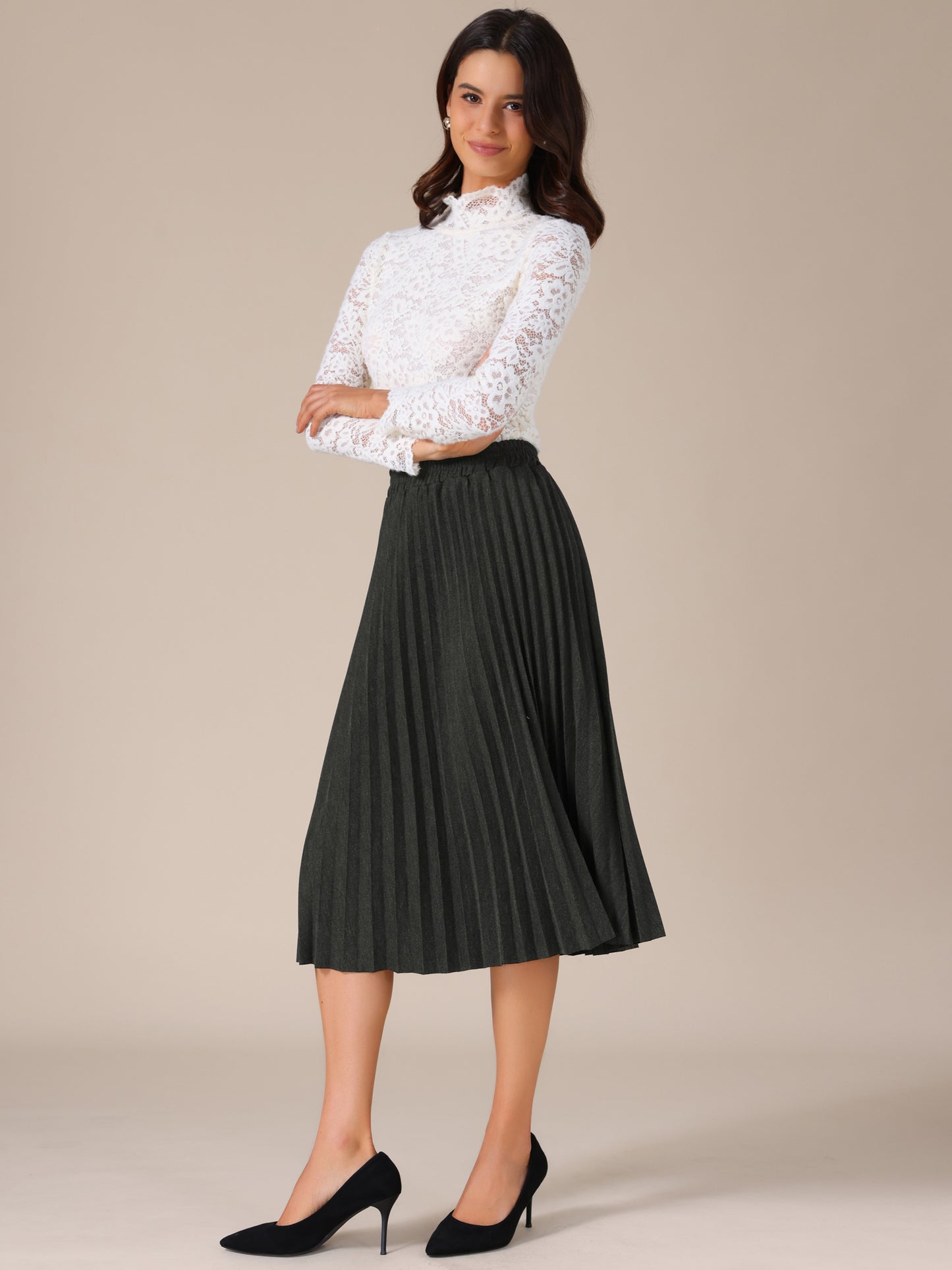 Women's Pleated Elastic High Waist A-Line Midi Skirt