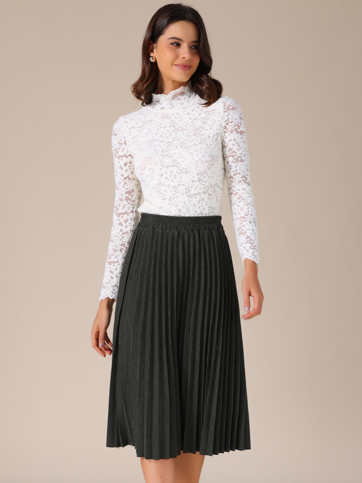 Women's Pleated Elastic High Waist A-Line Midi Skirt