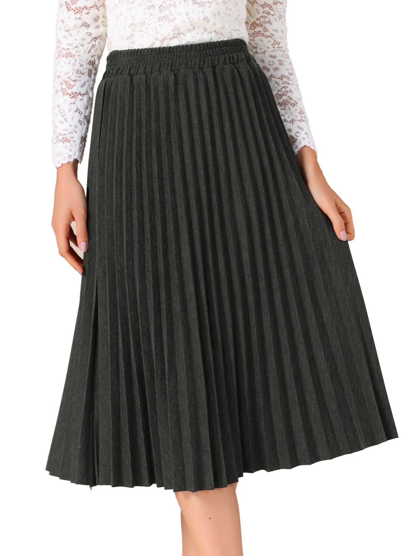 Women's Pleated Elastic High Waist A-Line Midi Skirt