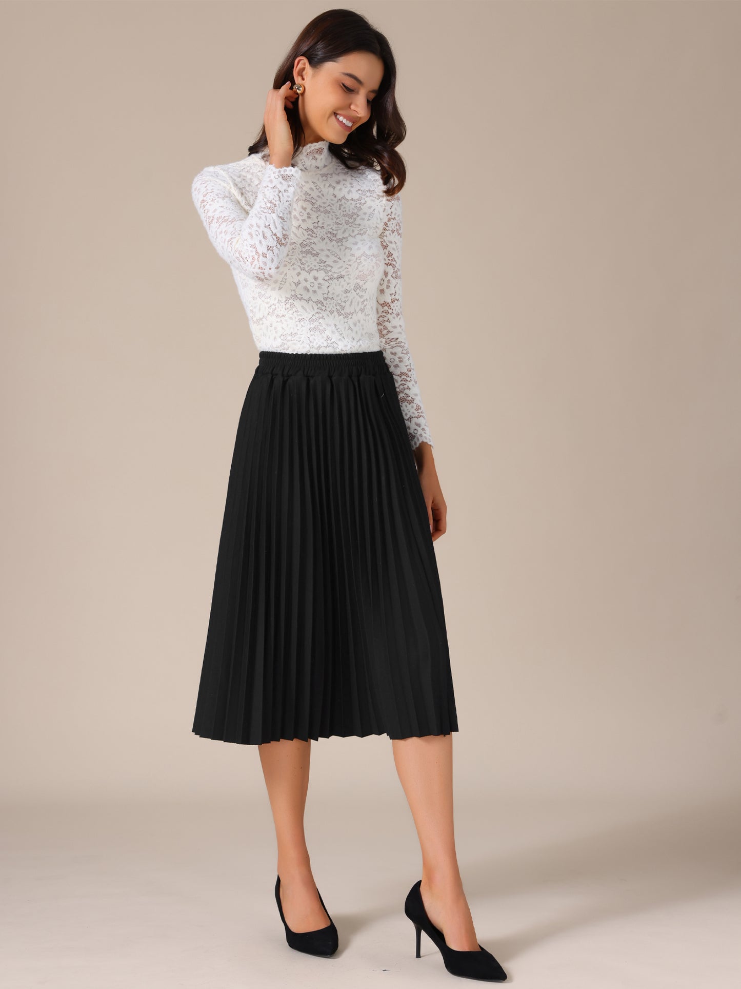 Falda midi plisada elástica de cintura alta para mujer