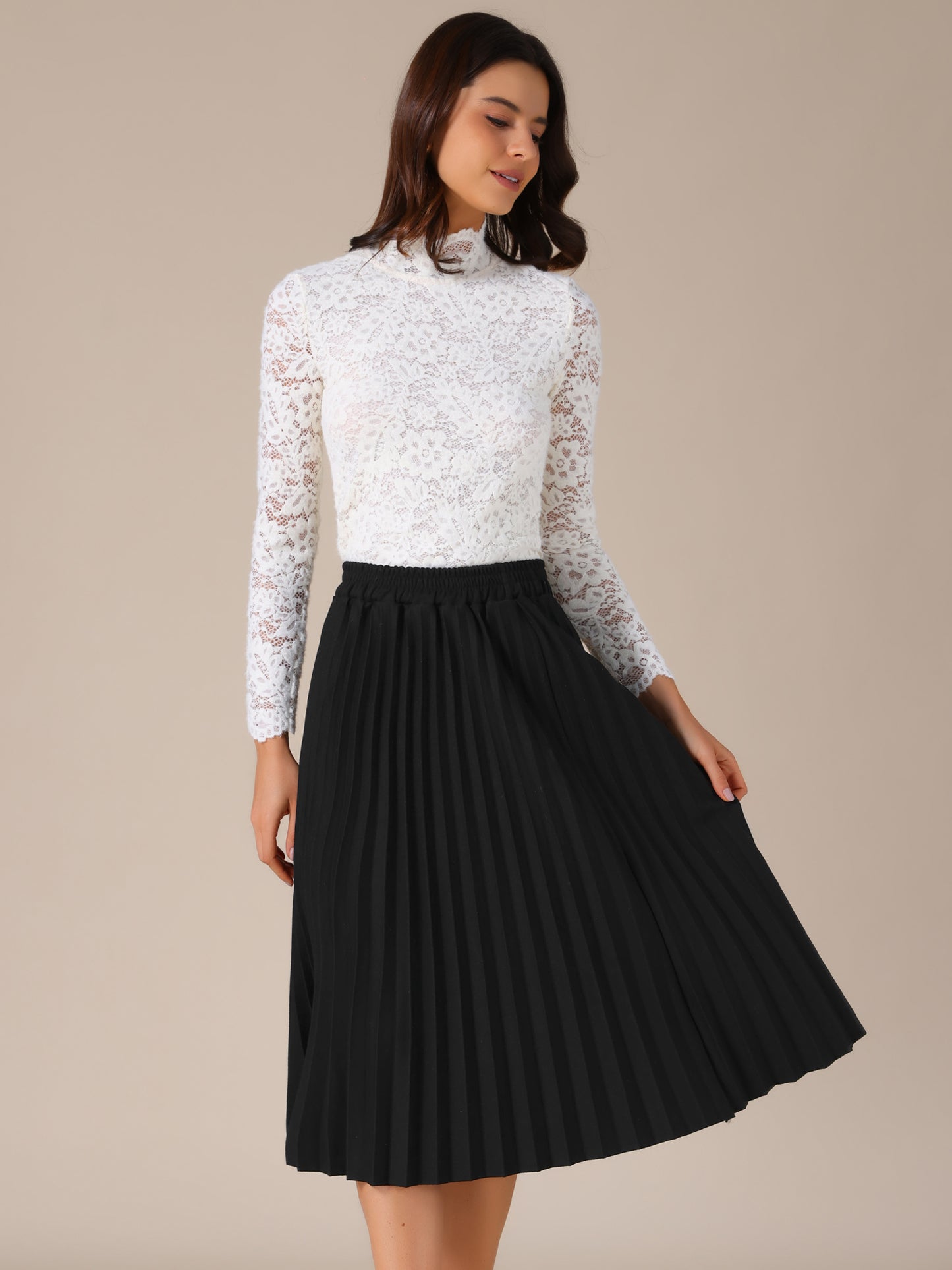 Falda midi plisada elástica de cintura alta para mujer