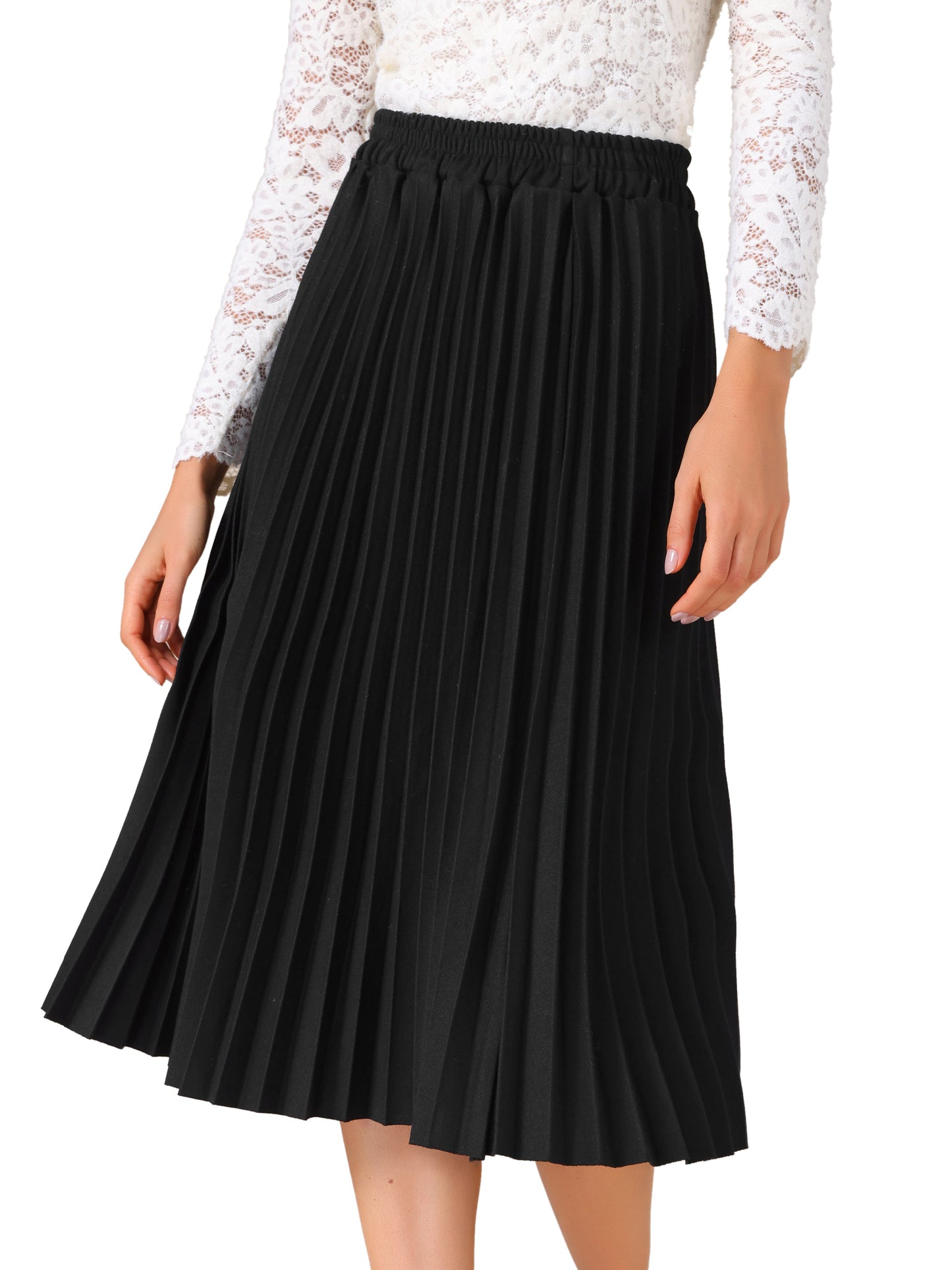 Falda midi plisada elástica de cintura alta para mujer