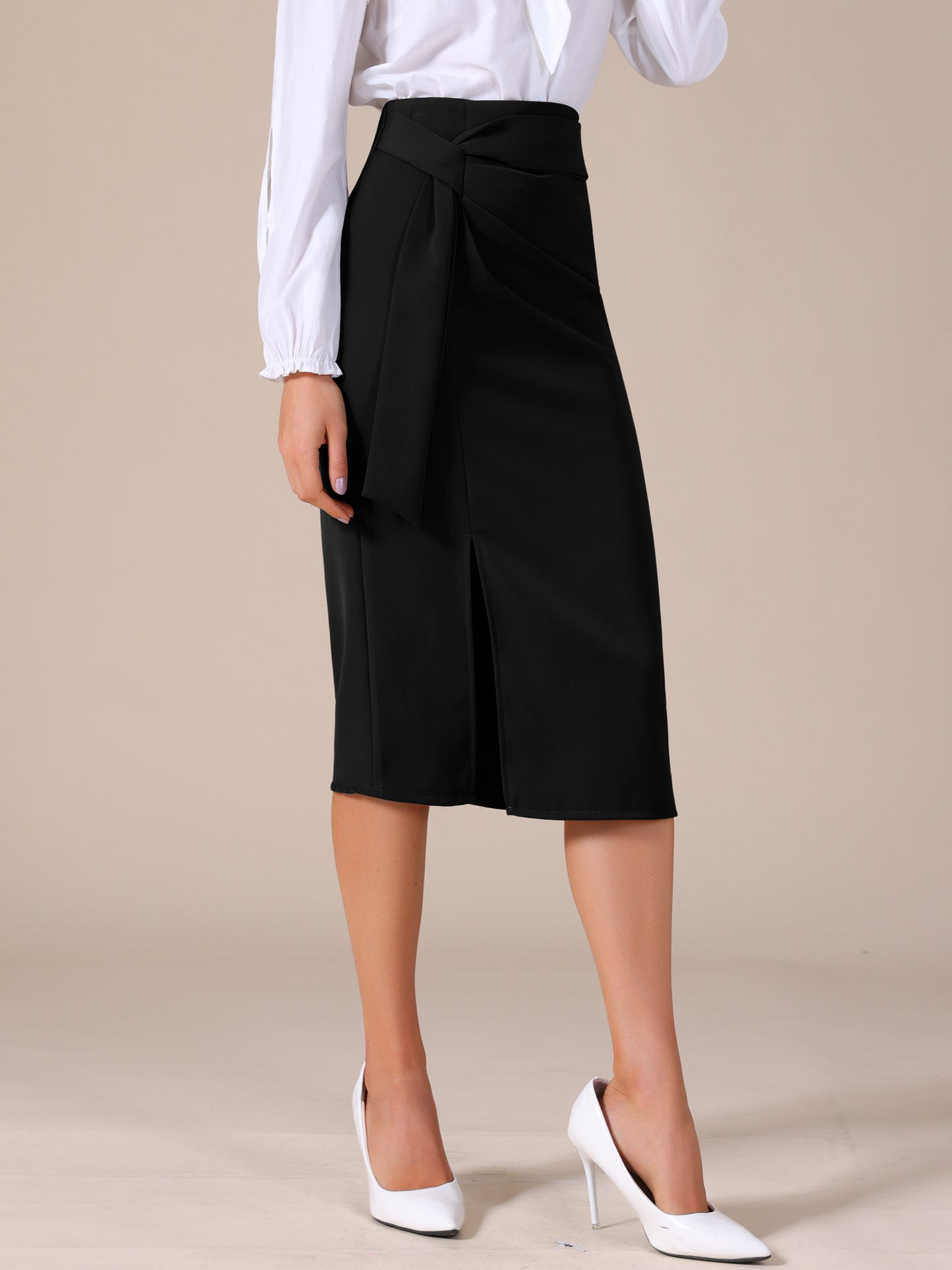 Women's Straight Knot Twist Office Work Tie Waist Midi Skirt