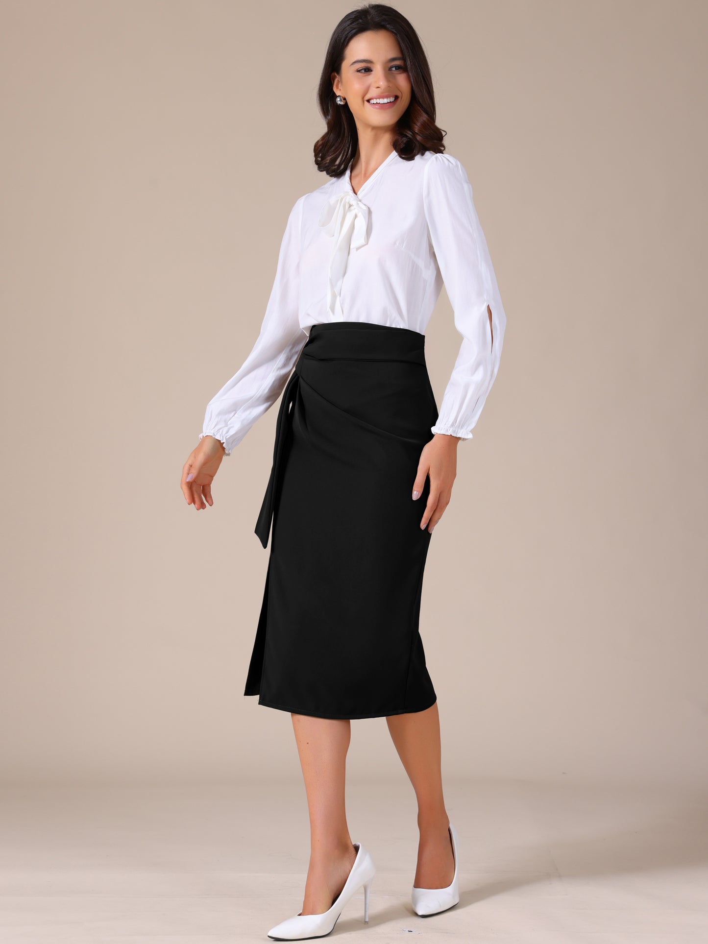 Women's Straight Knot Twist Office Work Tie Waist Midi Skirt