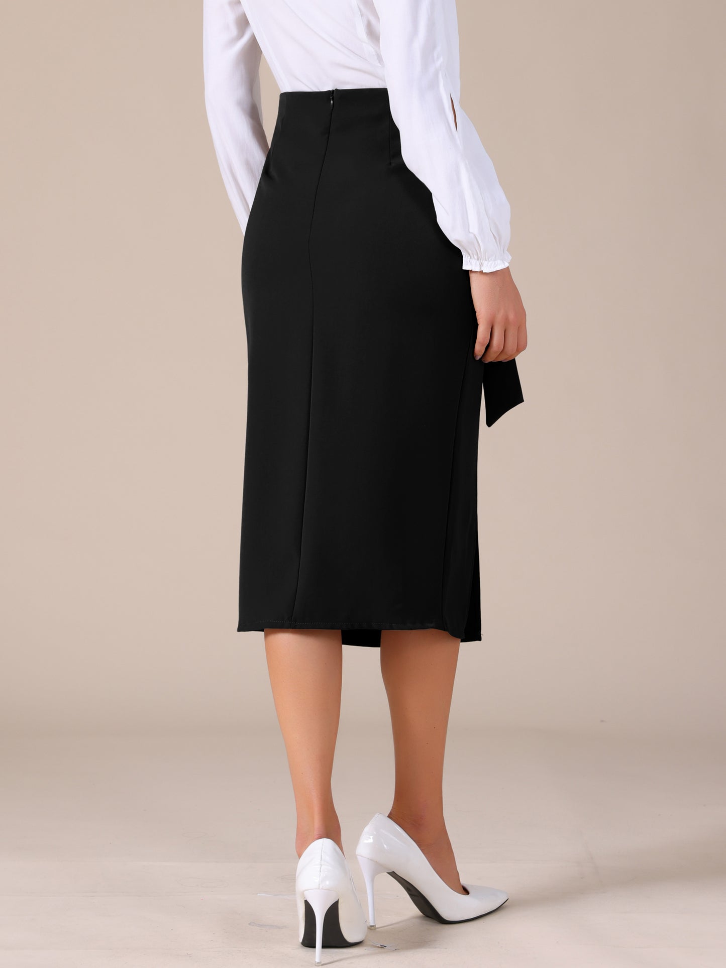 Women's Straight Knot Twist Office Work Tie Waist Midi Skirt