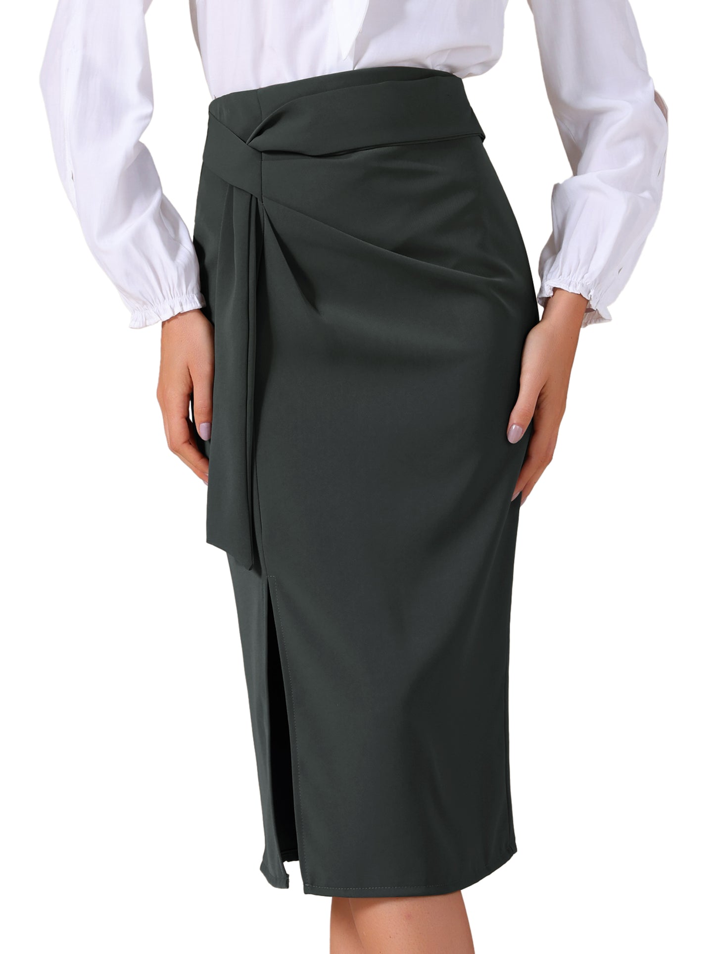 Women's Straight Knot Twist Office Work Tie Waist Midi Skirt