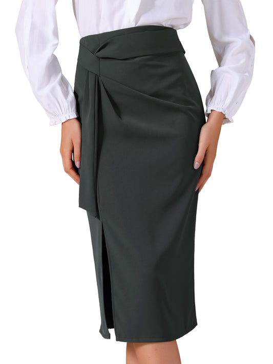 Women's Straight Knot Twist Office Work Tie Waist Midi Skirt