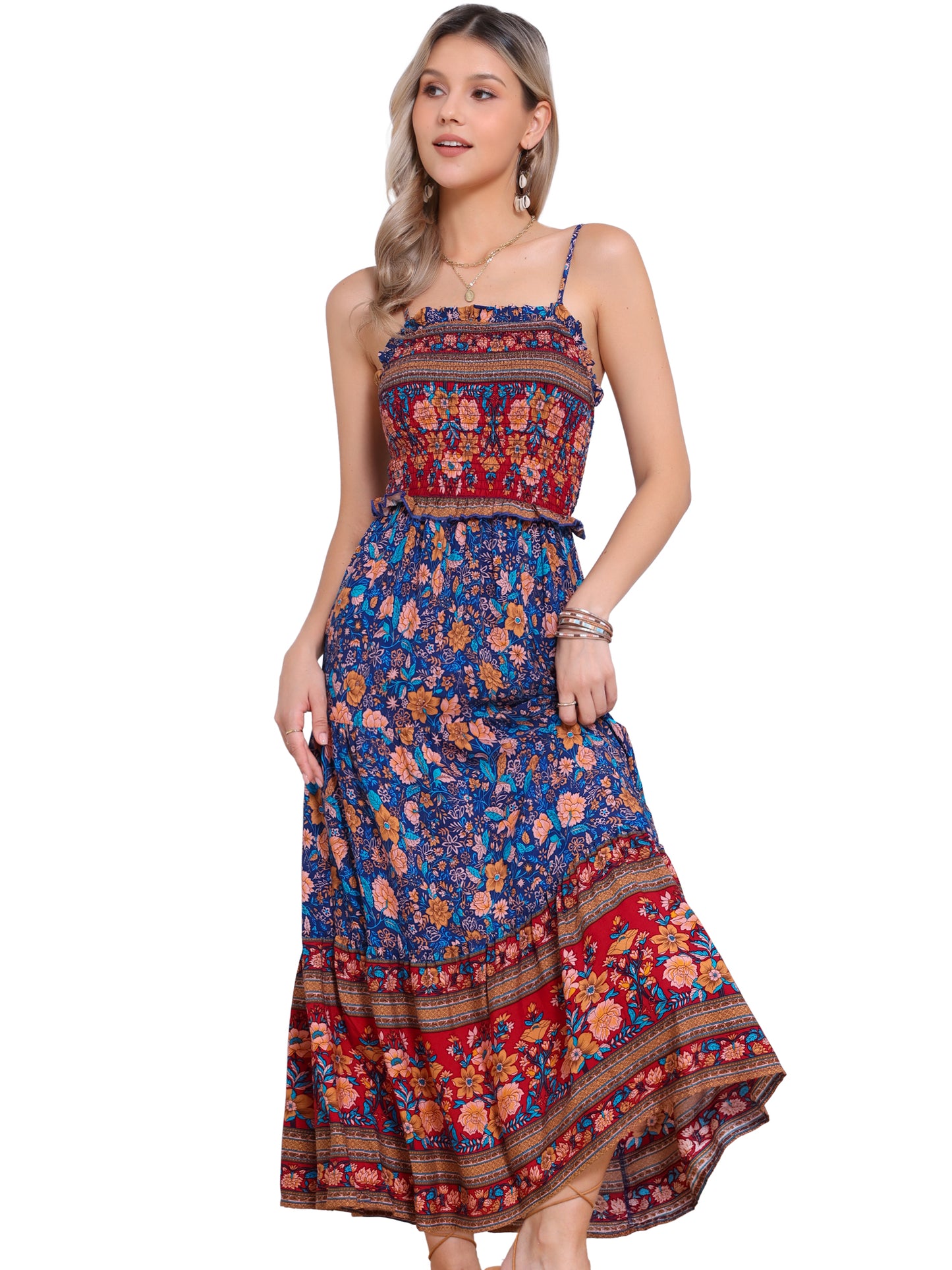 Women's Boho Floral Dress Spaghetti Strap Flowy Smocked Tiered Maxi Dresses