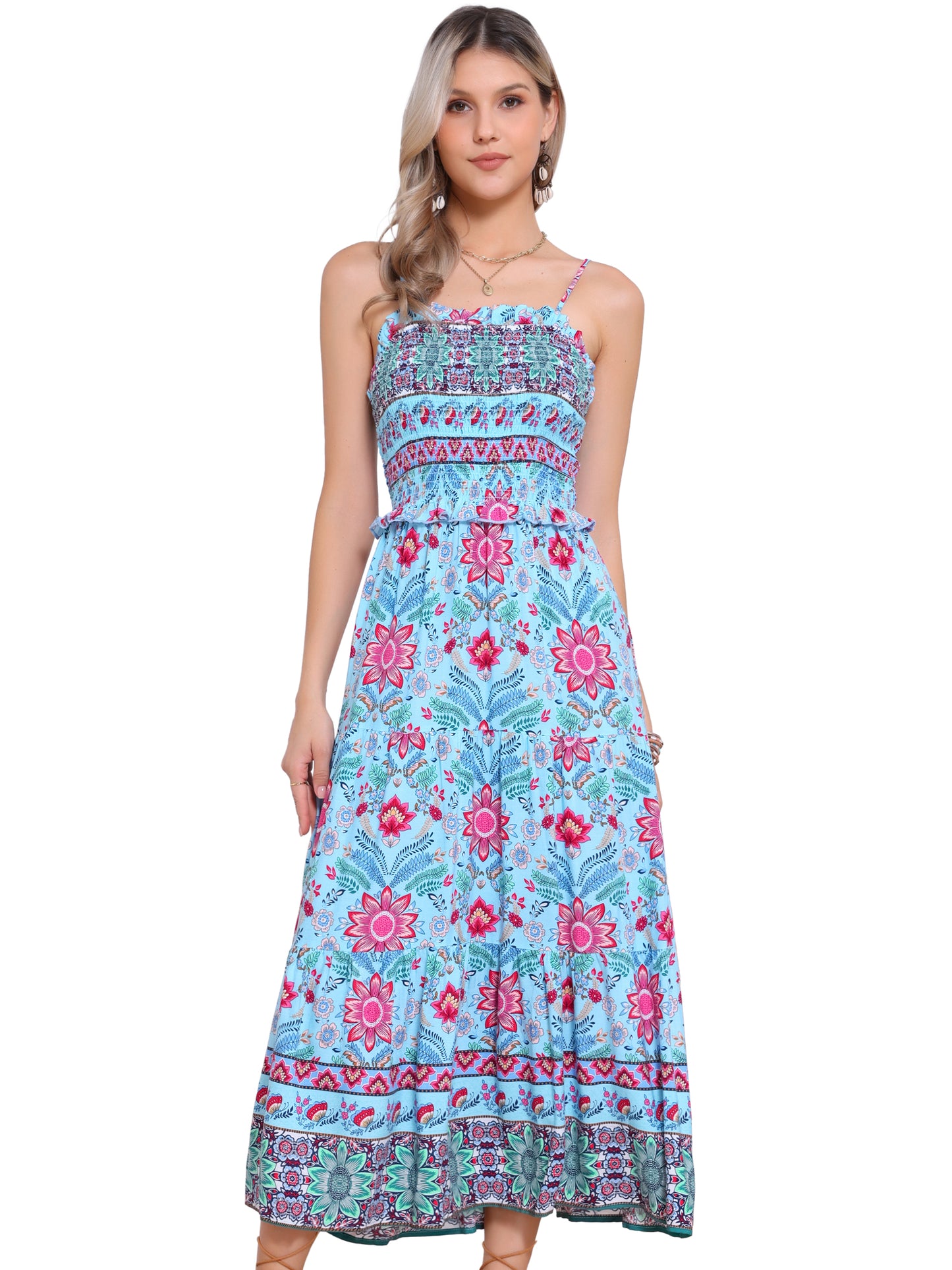 Women's Boho Floral Dress Spaghetti Strap Flowy Smocked Tiered Maxi Dresses