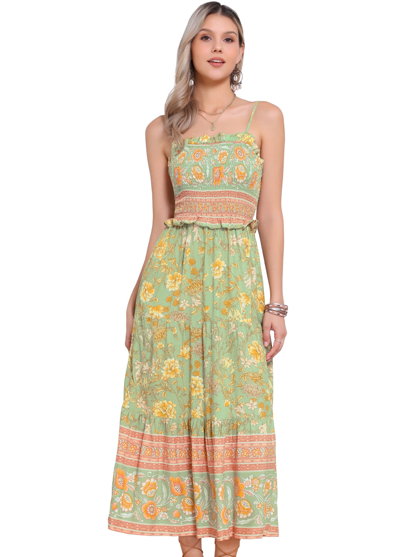 Women's Boho Floral Dress Spaghetti Strap Flowy Smocked Tiered Maxi Dresses
