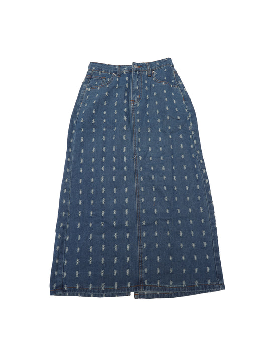 Women High Waisted Swiss Dots Back Slit Jean Column Denim Maxi Skirt
