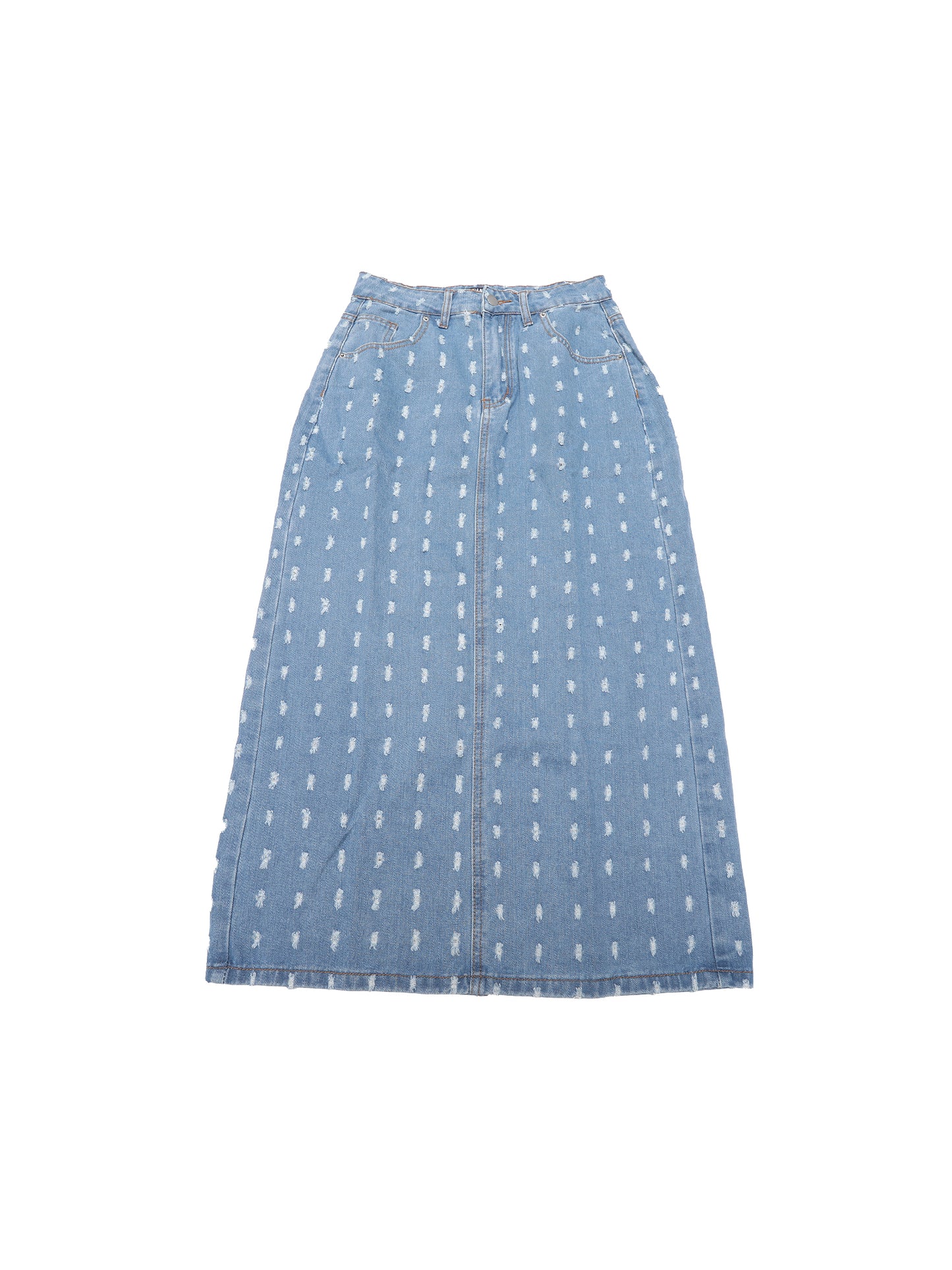 Women High Waisted Swiss Dots Back Slit Jean Column Denim Maxi Skirt